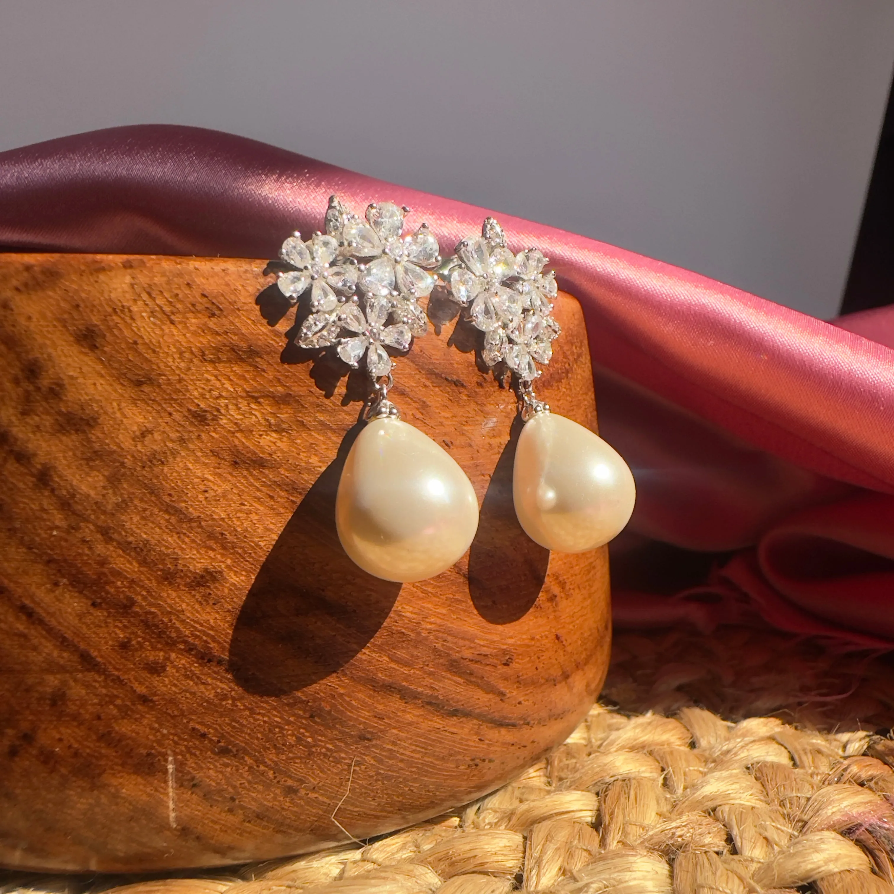 92.5 Silver Frosty Pearl Drop Rhinestone Earrings