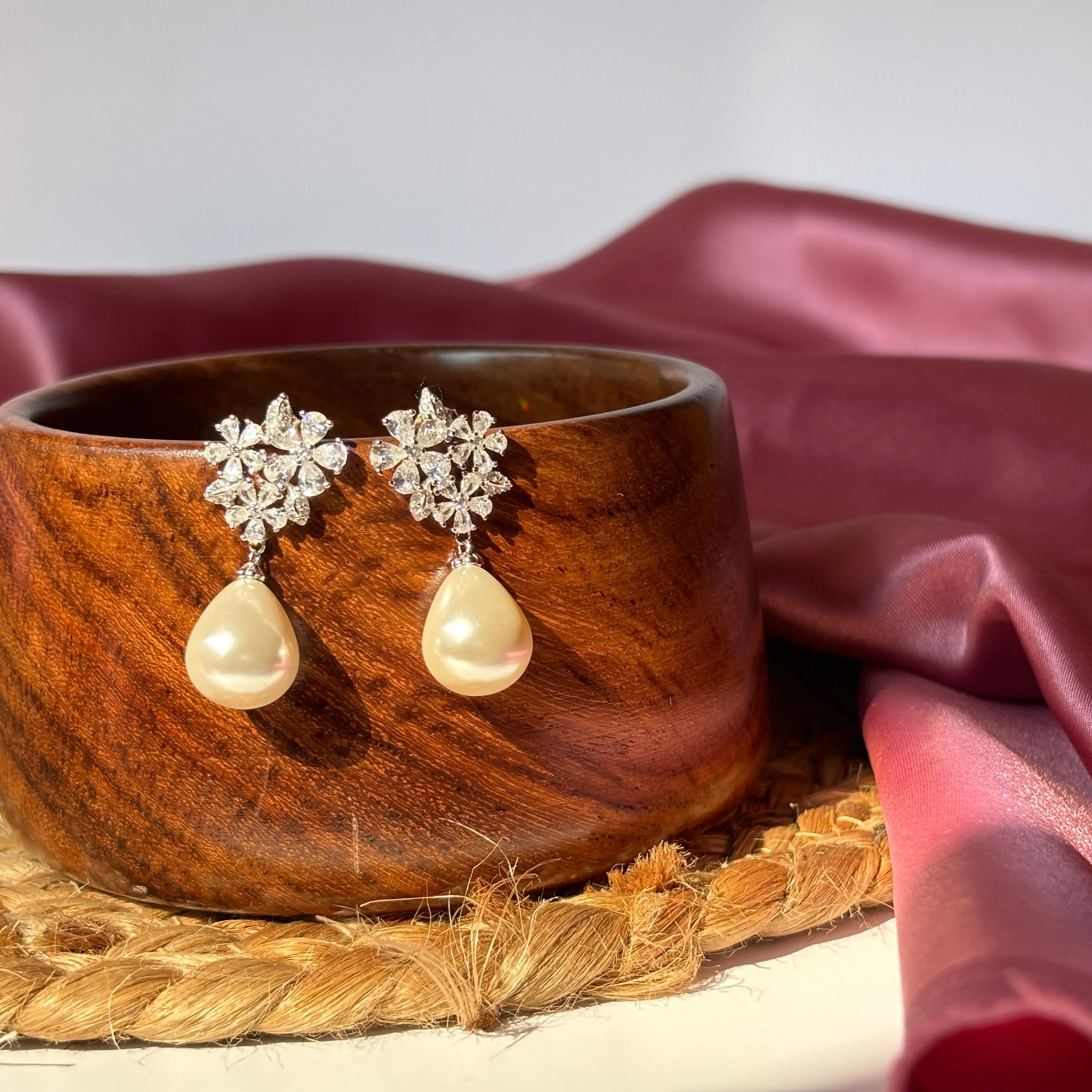 92.5 Silver Frosty Pearl Drop Rhinestone Earrings