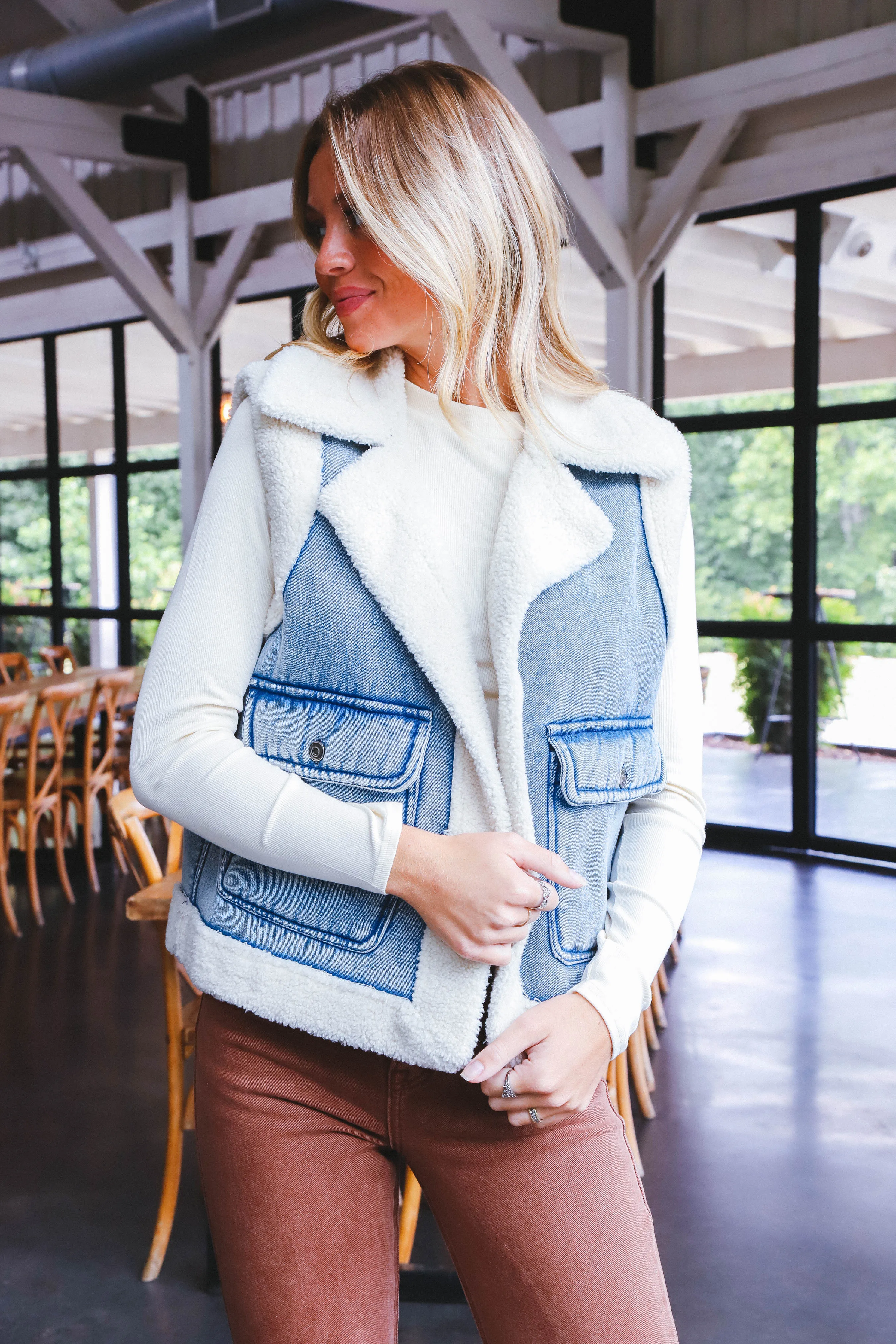 Anne Stone Washed Sherpa Vest, Denim