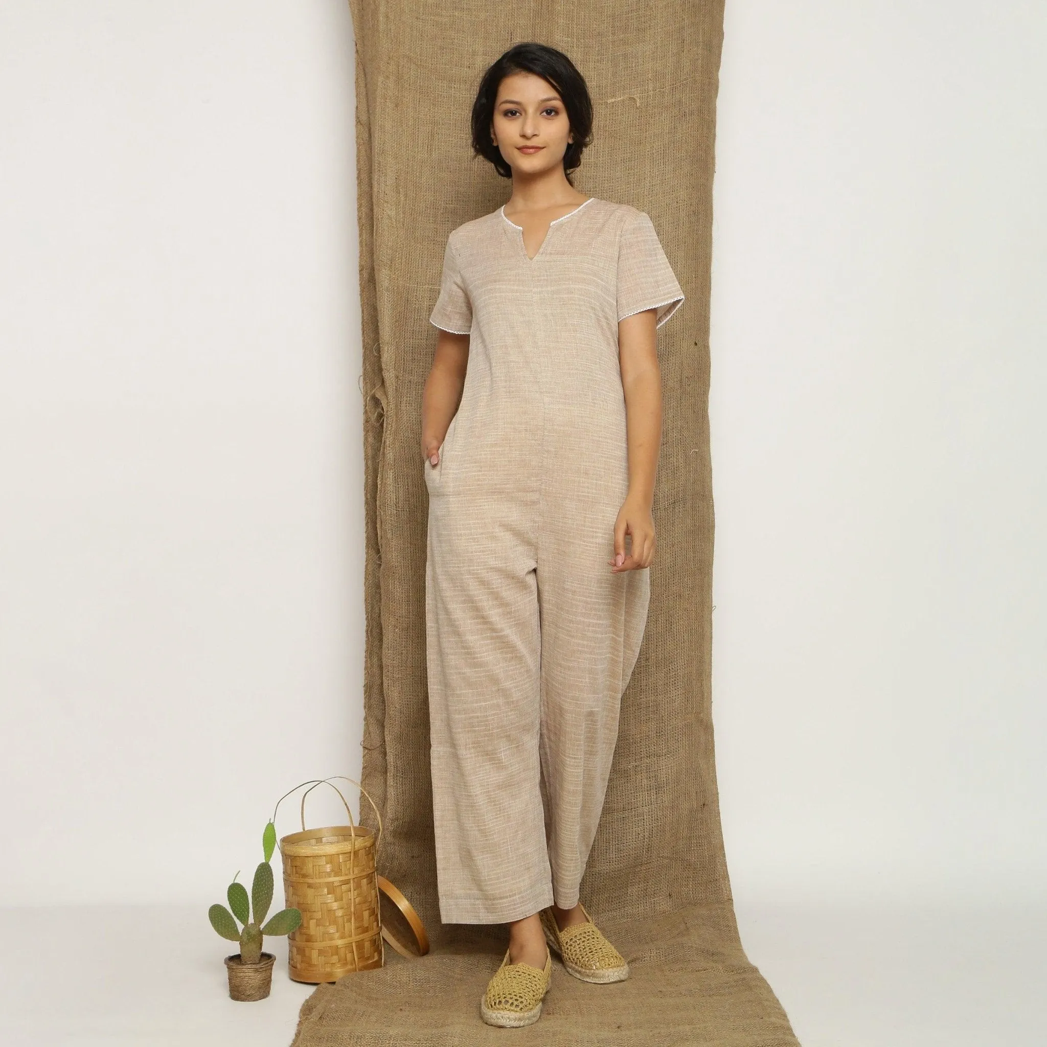 Beige Laced Cotton Muslin Split Neck Paneled Jumpsuit