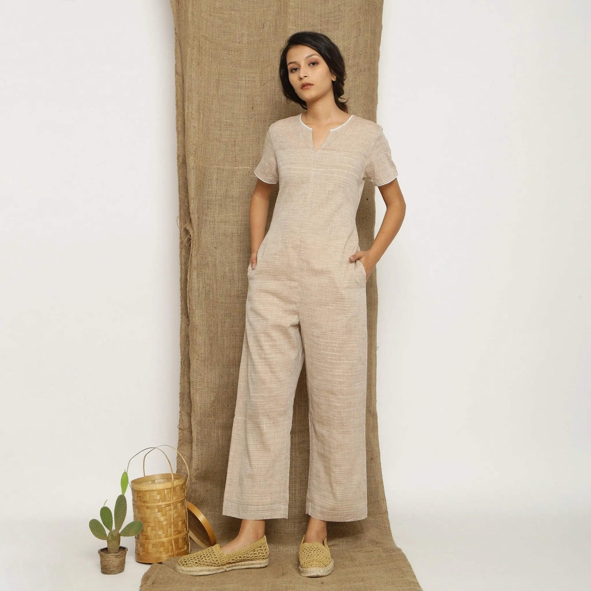 Beige Laced Cotton Muslin Split Neck Paneled Jumpsuit