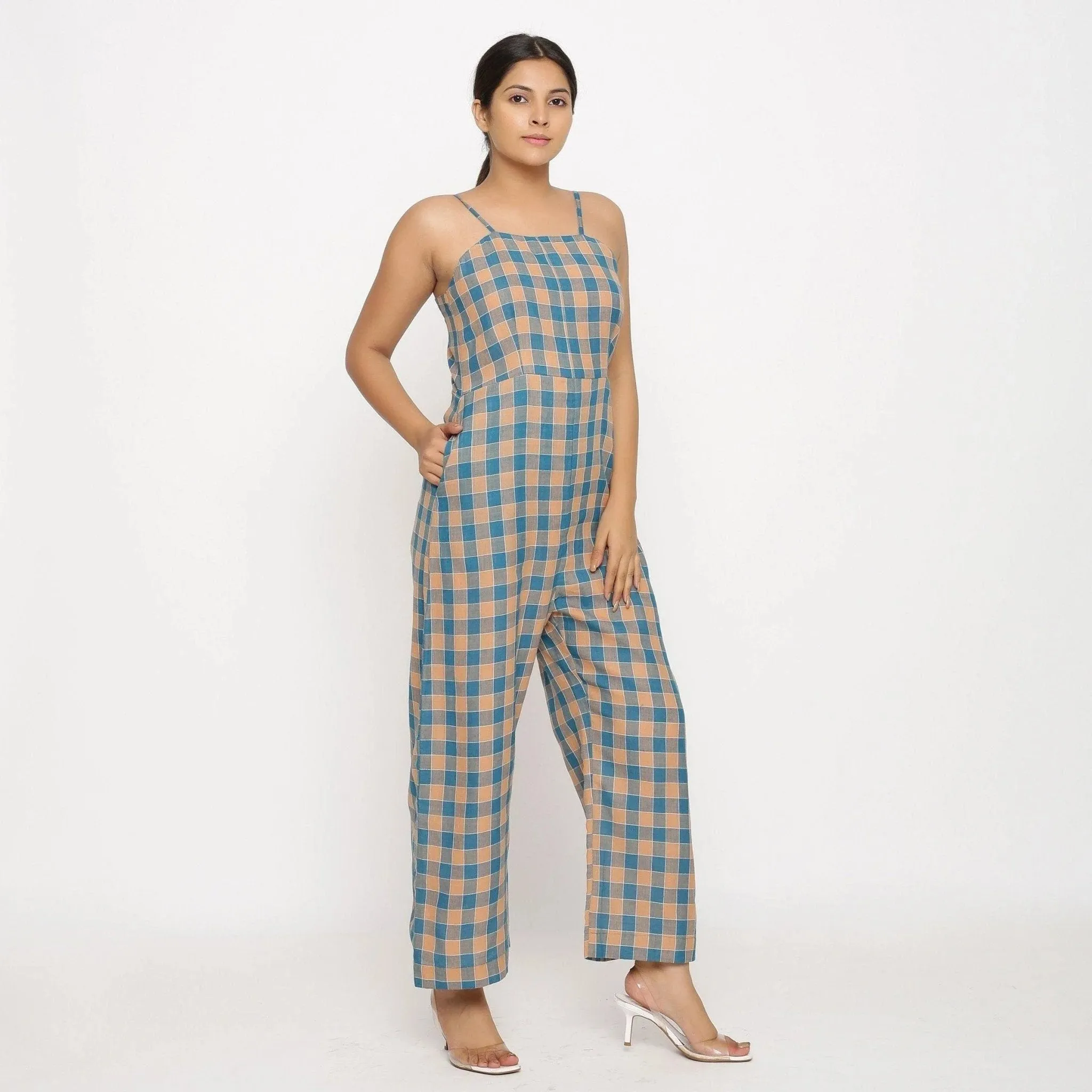Bottle Green Checks Cotton Muslin Strap Sleeve Camisole Jumpsuit