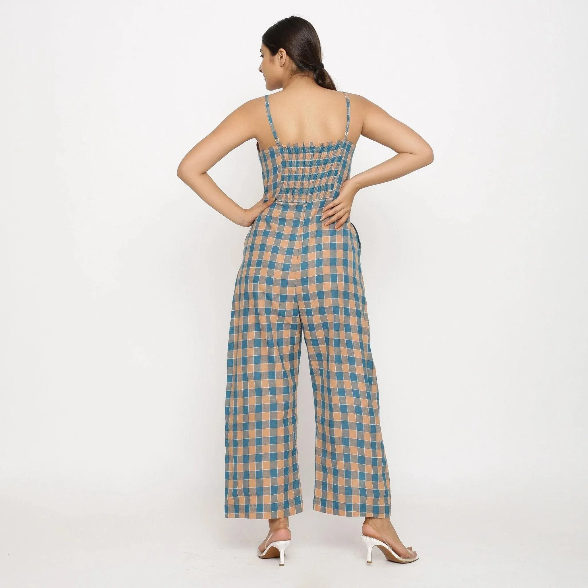 Bottle Green Checks Cotton Muslin Strap Sleeve Camisole Jumpsuit