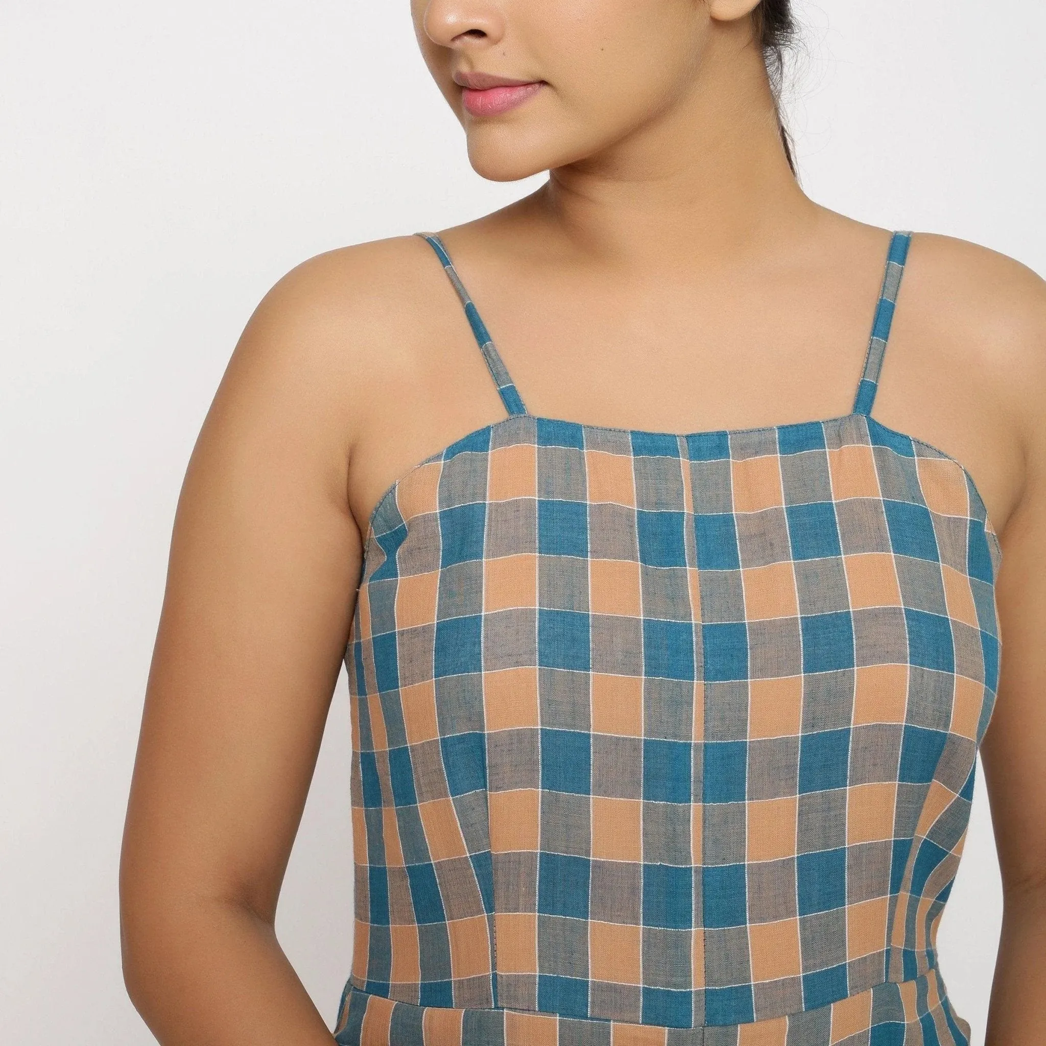 Bottle Green Checks Cotton Muslin Strap Sleeve Camisole Jumpsuit