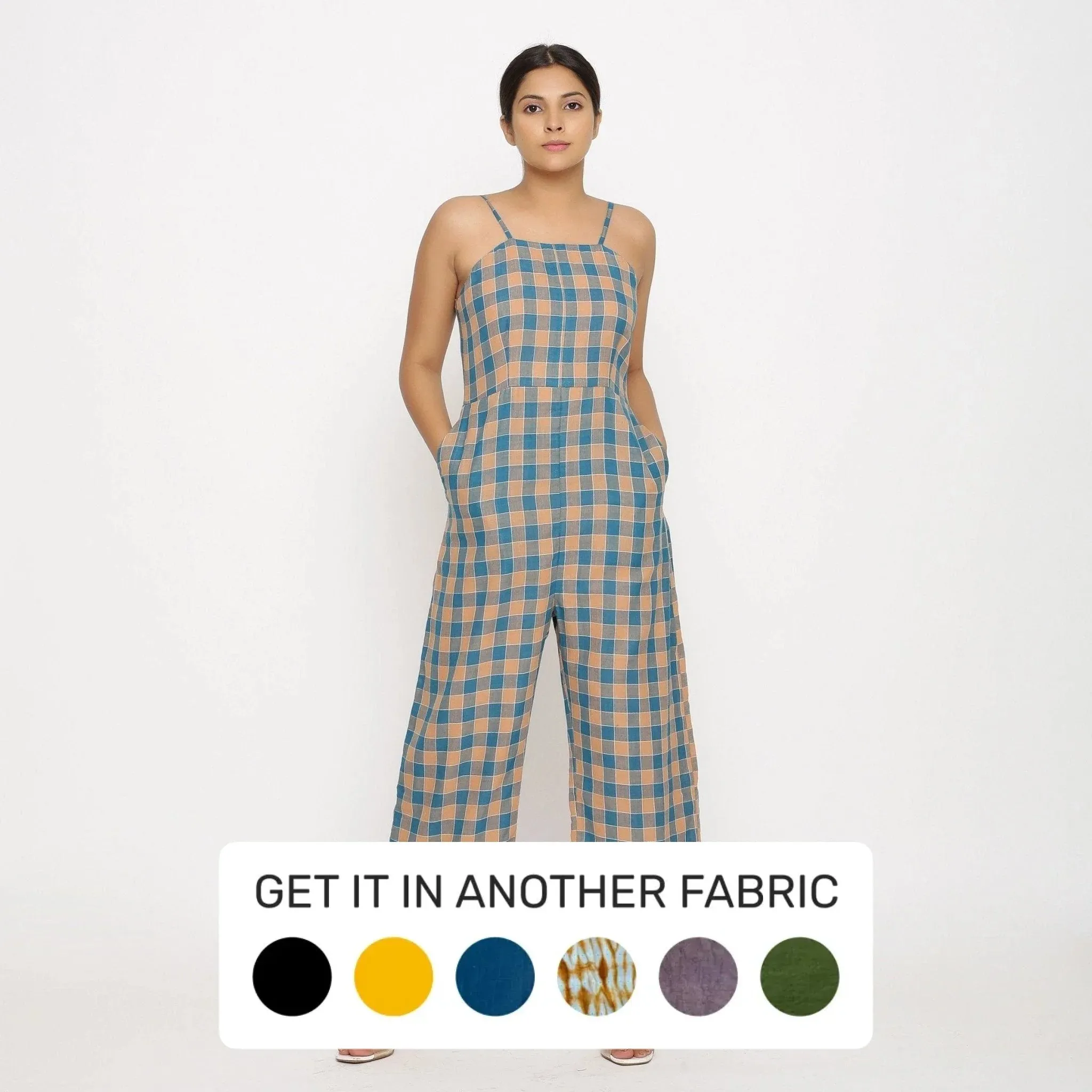 Bottle Green Checks Cotton Muslin Strap Sleeve Camisole Jumpsuit