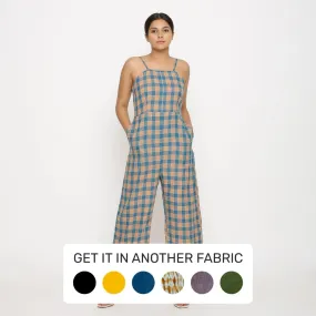 Bottle Green Checks Cotton Muslin Strap Sleeve Camisole Jumpsuit