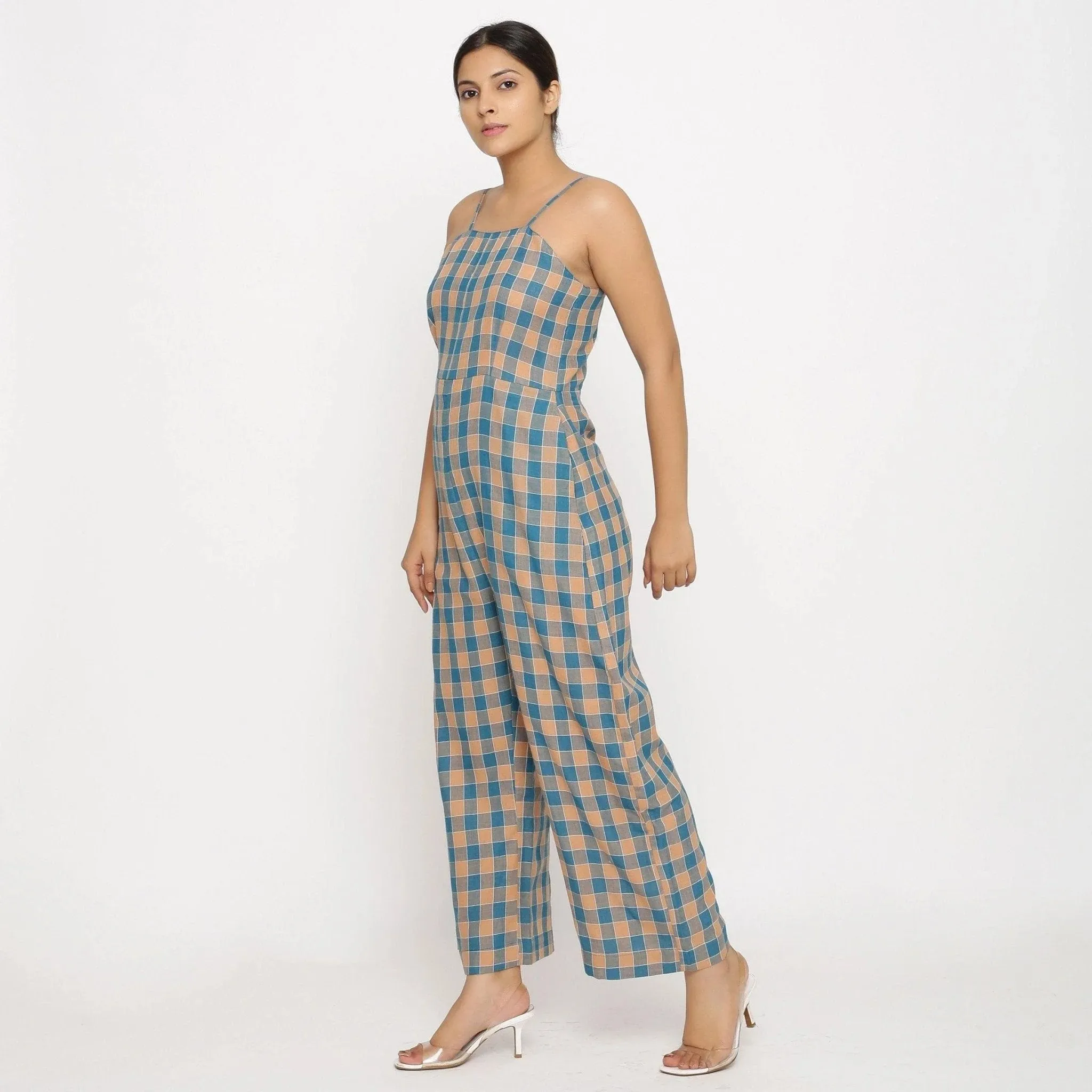 Bottle Green Checks Cotton Muslin Strap Sleeve Camisole Jumpsuit