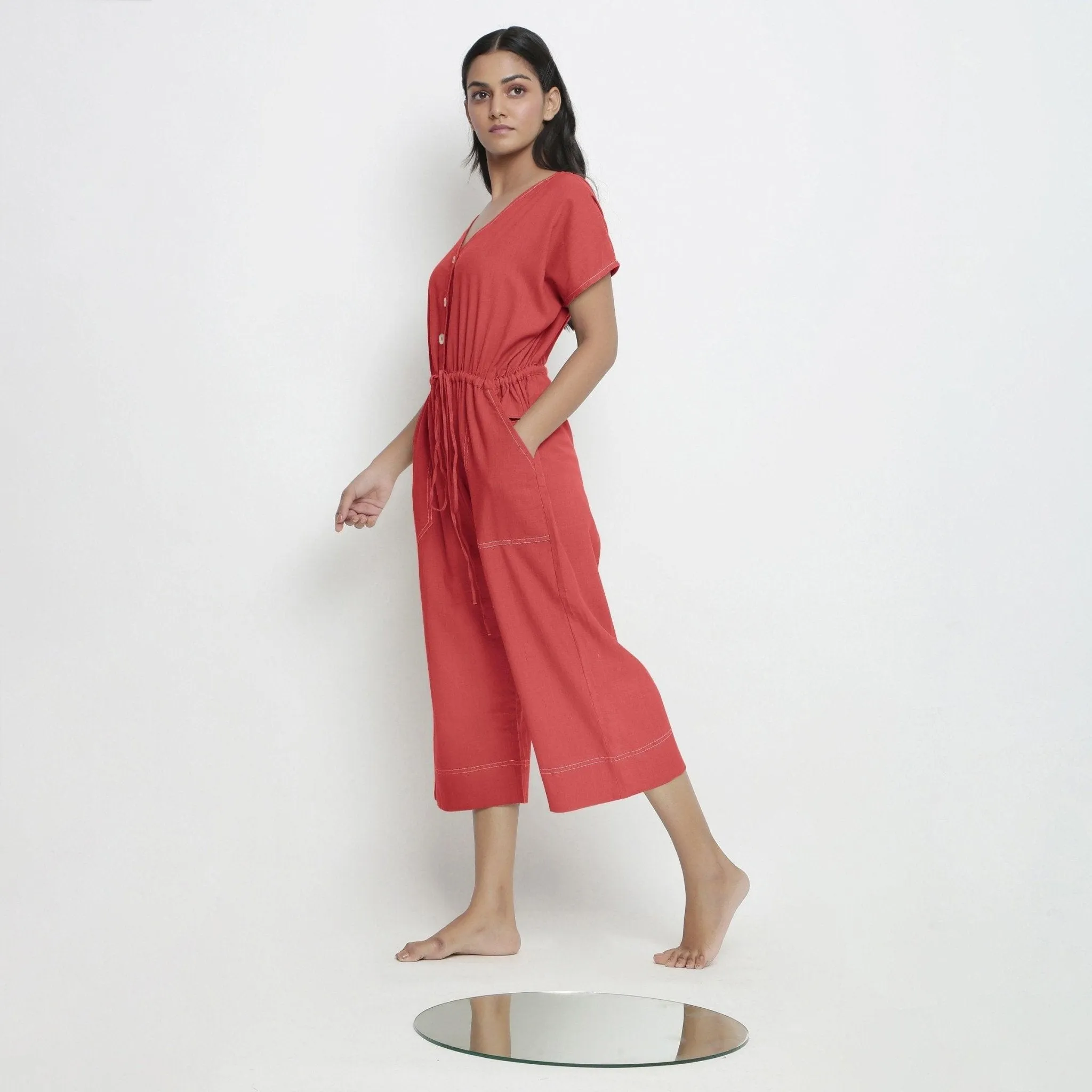 Brick Red Vegetable Dyed Cotton High-Rise Wide Legged Jumpsuit