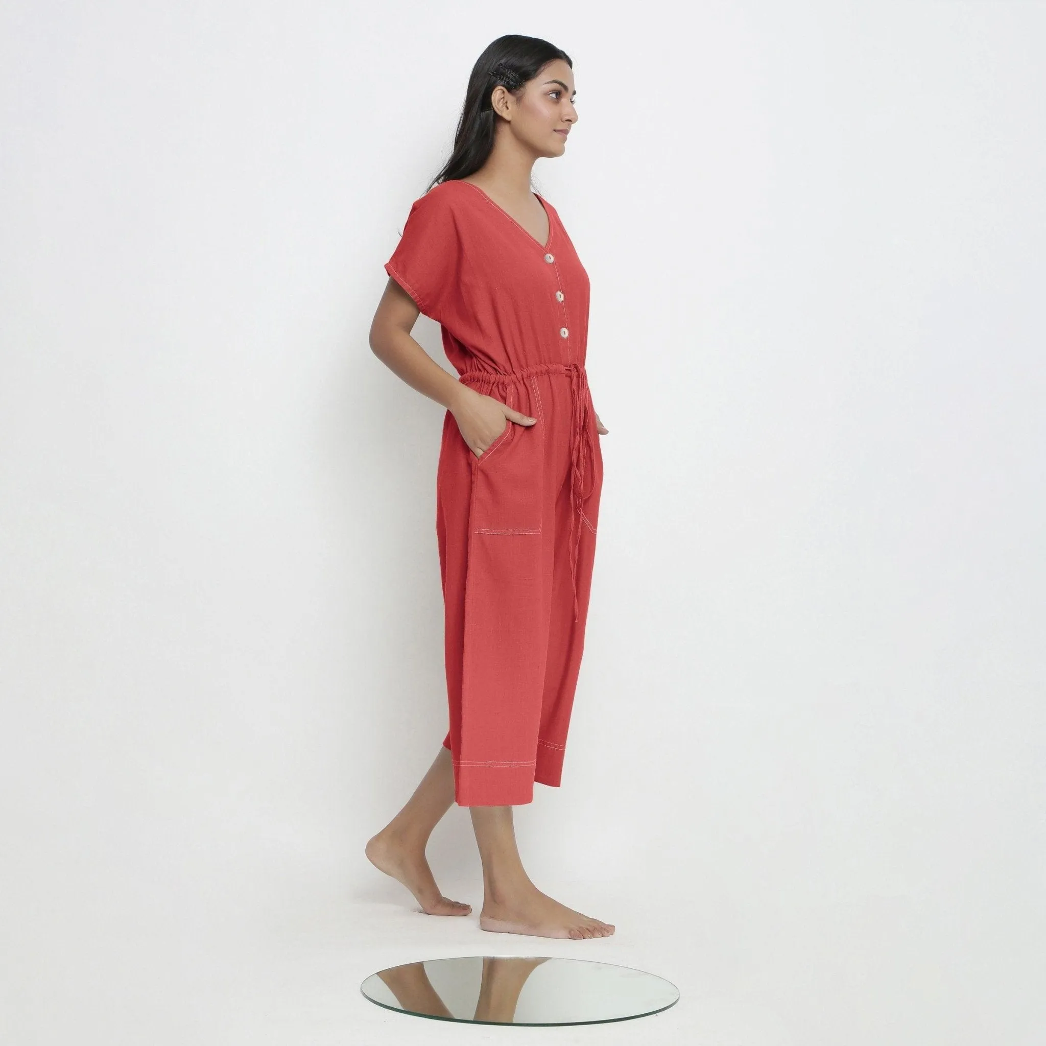 Brick Red Vegetable Dyed Cotton High-Rise Wide Legged Jumpsuit