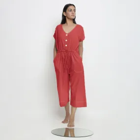 Brick Red Vegetable Dyed Cotton High-Rise Wide Legged Jumpsuit