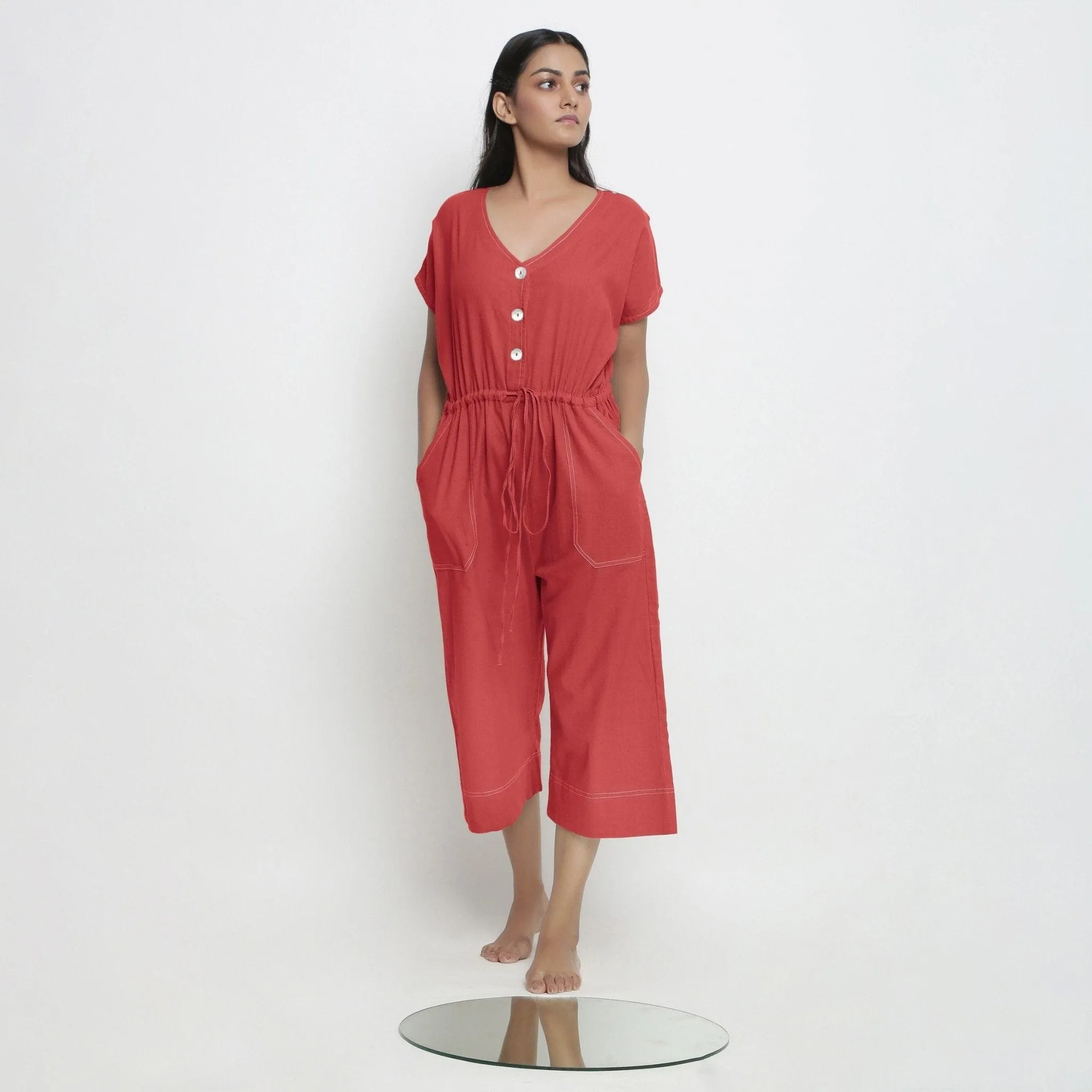 Brick Red Vegetable Dyed Cotton High-Rise Wide Legged Jumpsuit