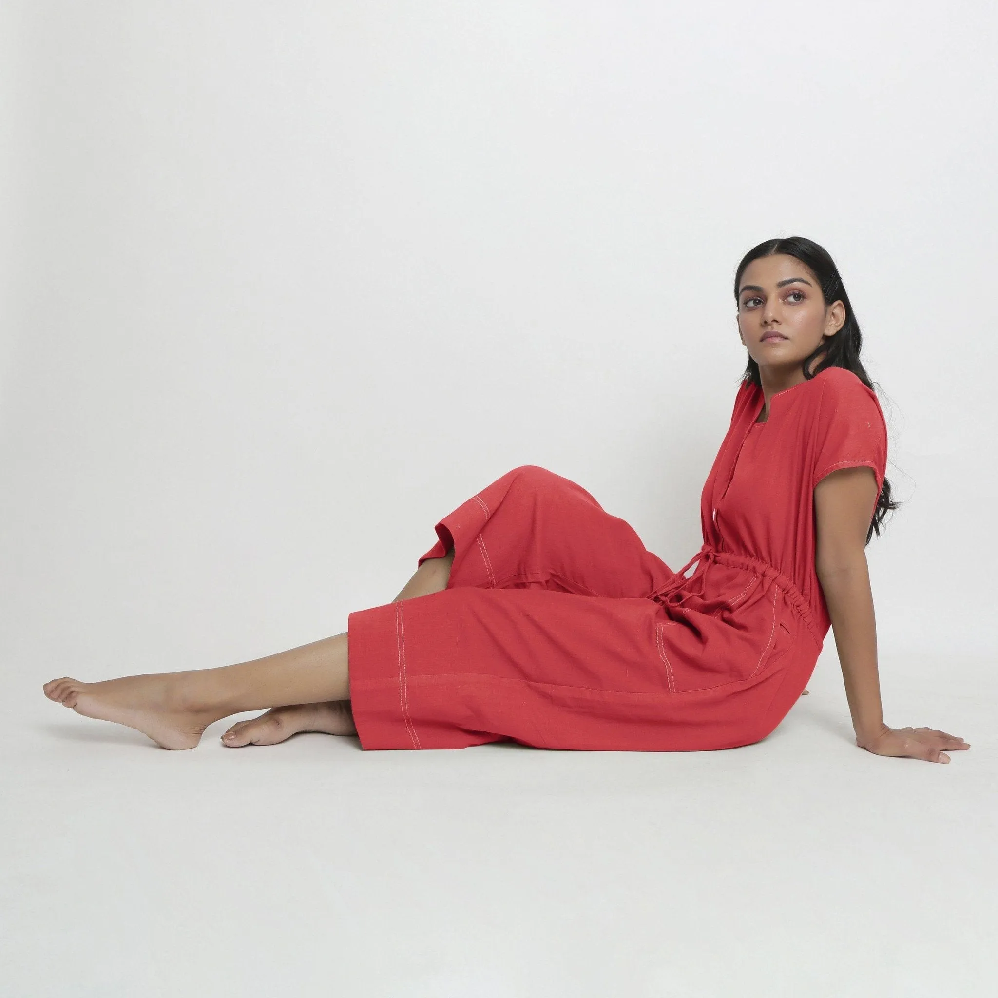 Brick Red Vegetable Dyed Cotton High-Rise Wide Legged Jumpsuit