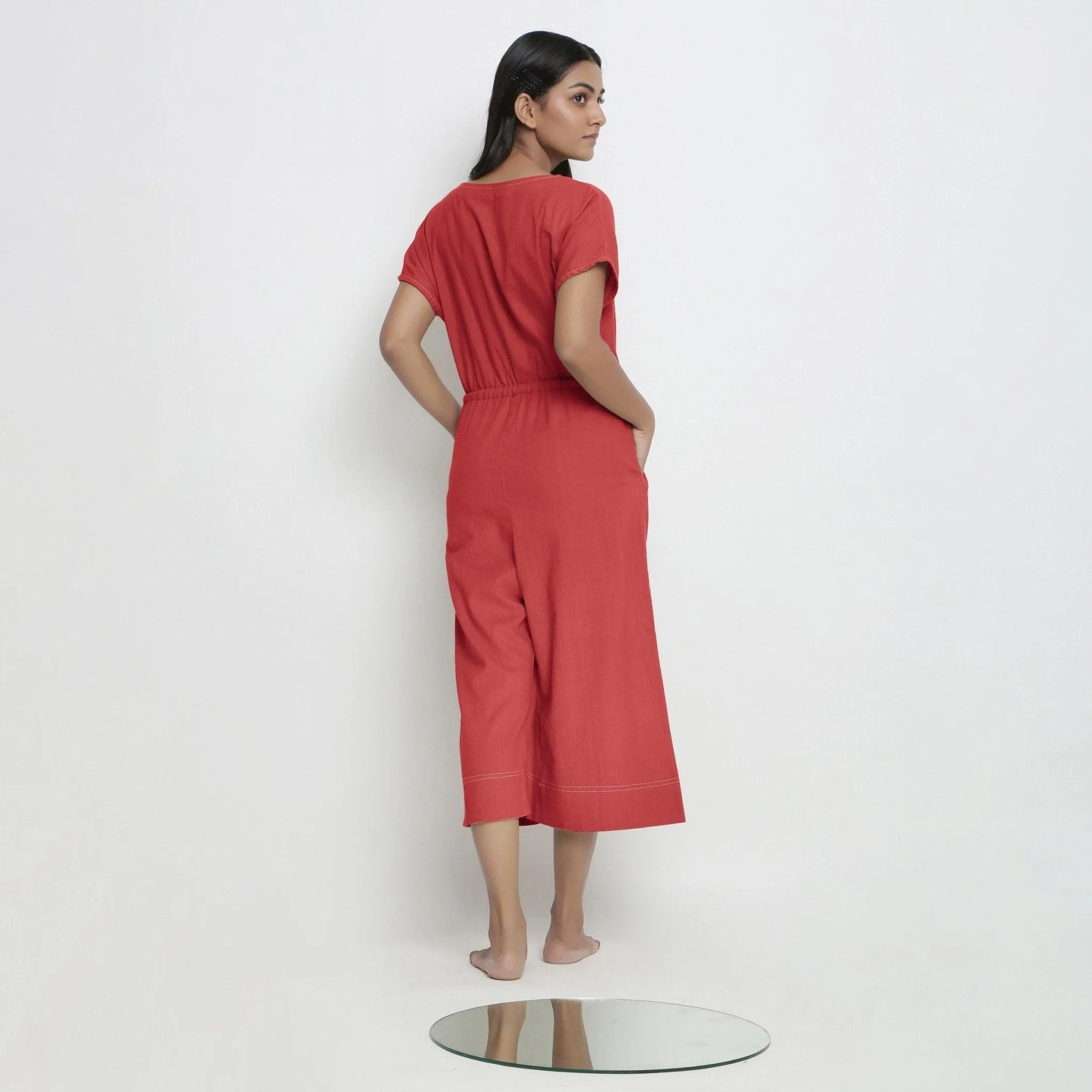 Brick Red Vegetable Dyed Cotton High-Rise Wide Legged Jumpsuit
