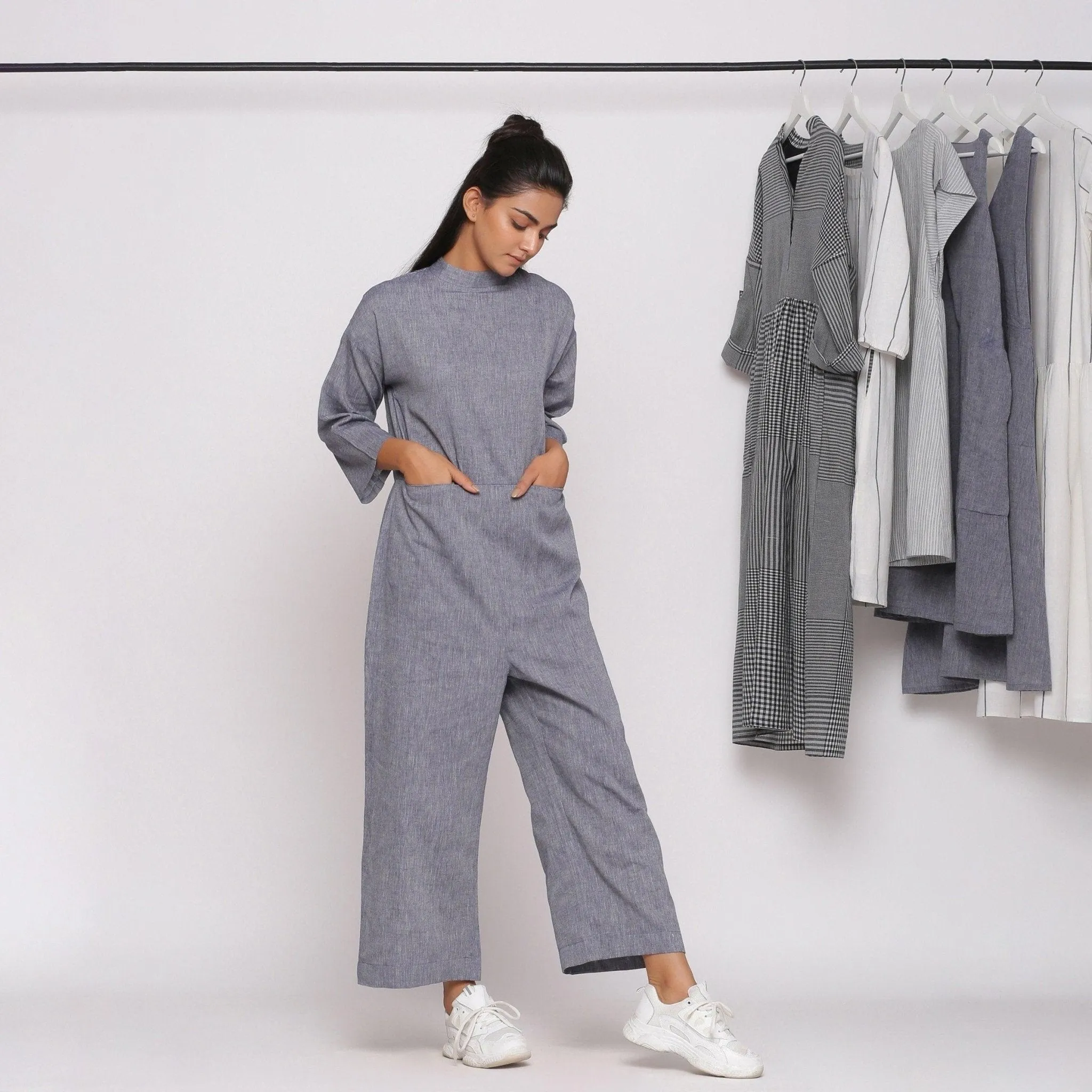 Charcoal Grey Handspun Cotton High Neck Jumpsuit