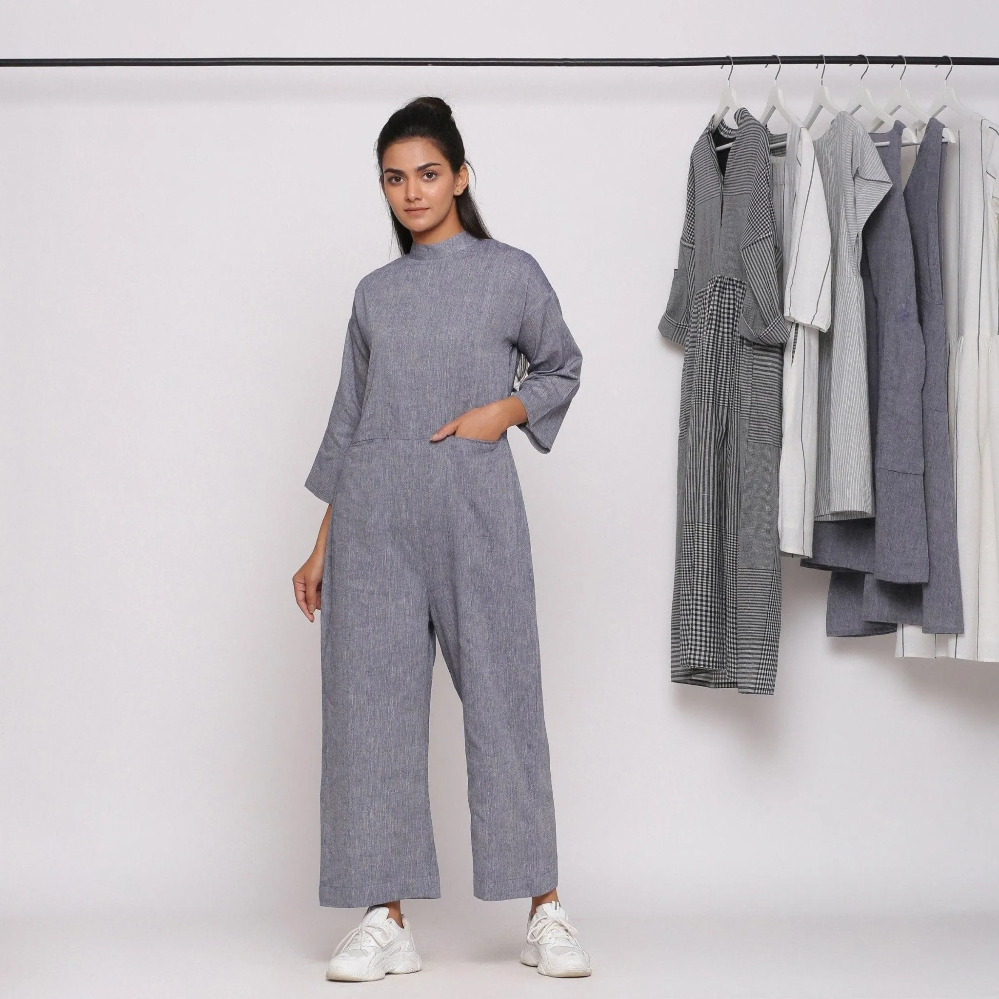 Charcoal Grey Handspun Cotton High Neck Jumpsuit