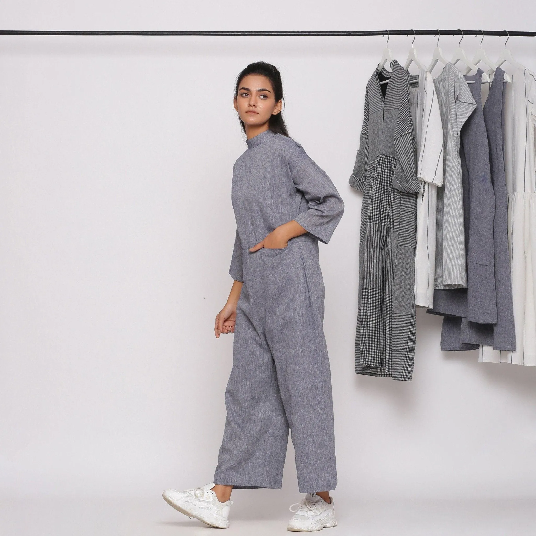 Charcoal Grey Handspun Cotton High Neck Jumpsuit