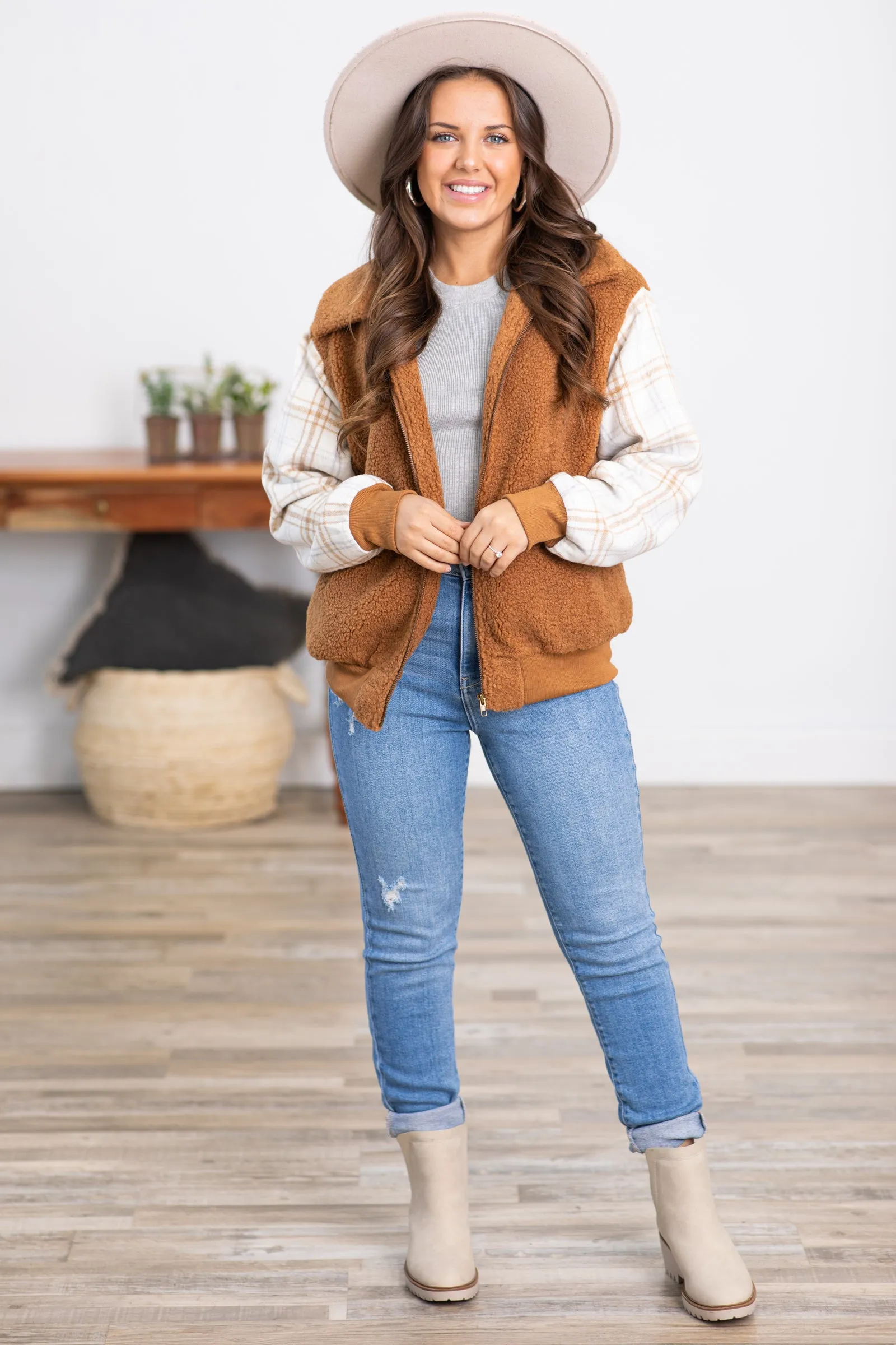 Cinnamon Faux Fur Jacket With Plaid Sleeves