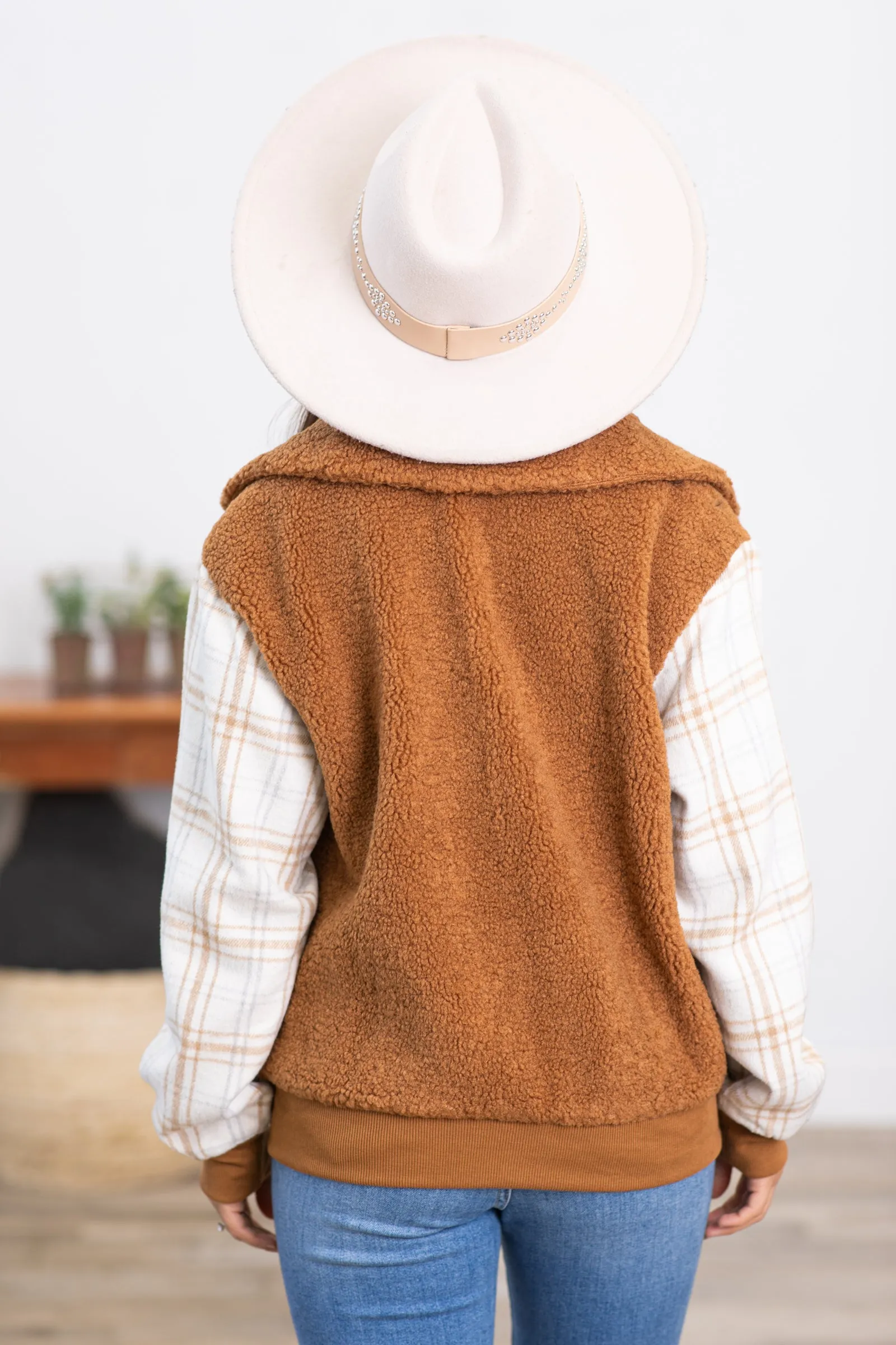 Cinnamon Faux Fur Jacket With Plaid Sleeves