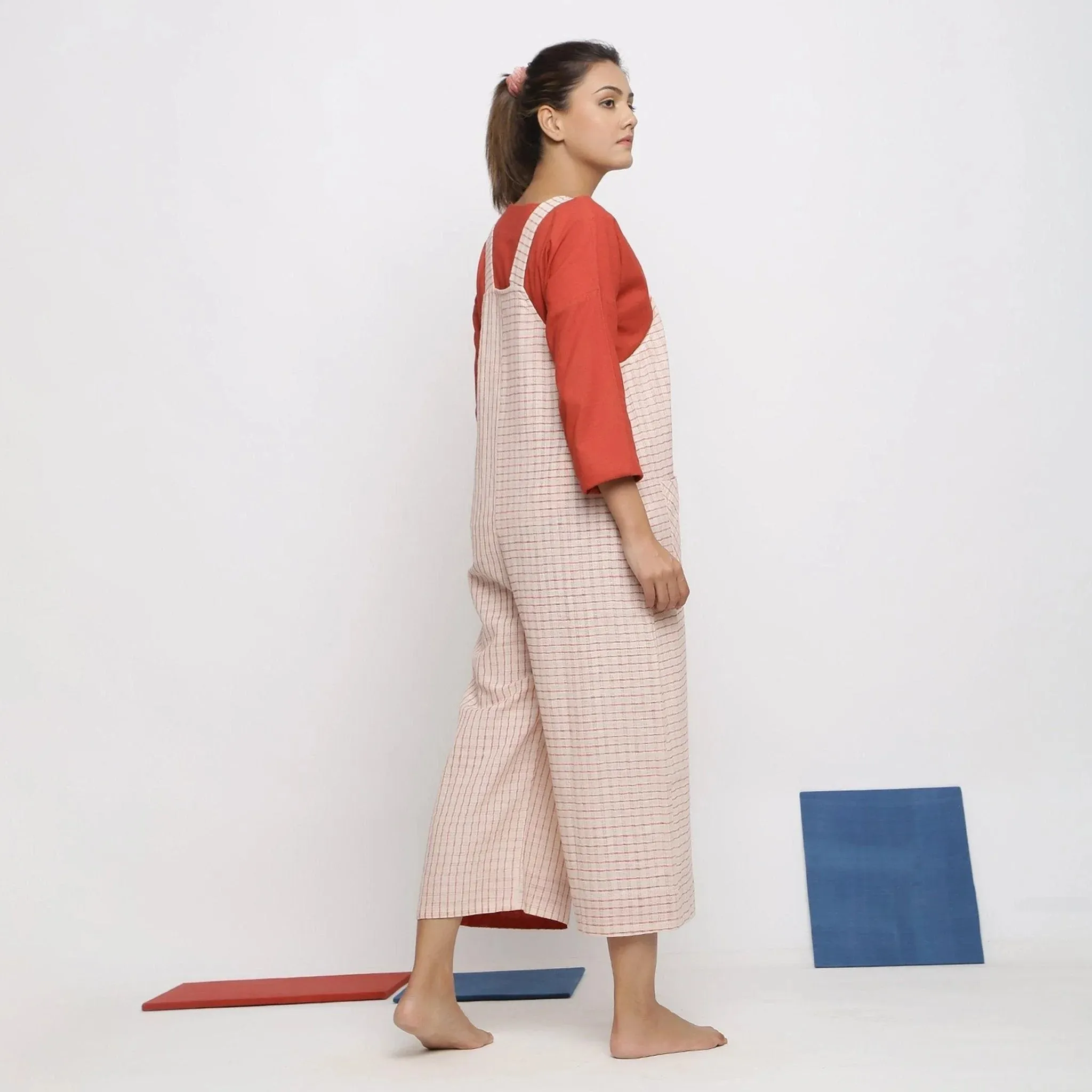 Ecru and Brick Red Striped Vegetable Dyed Cotton Pinafore Jumpsuit