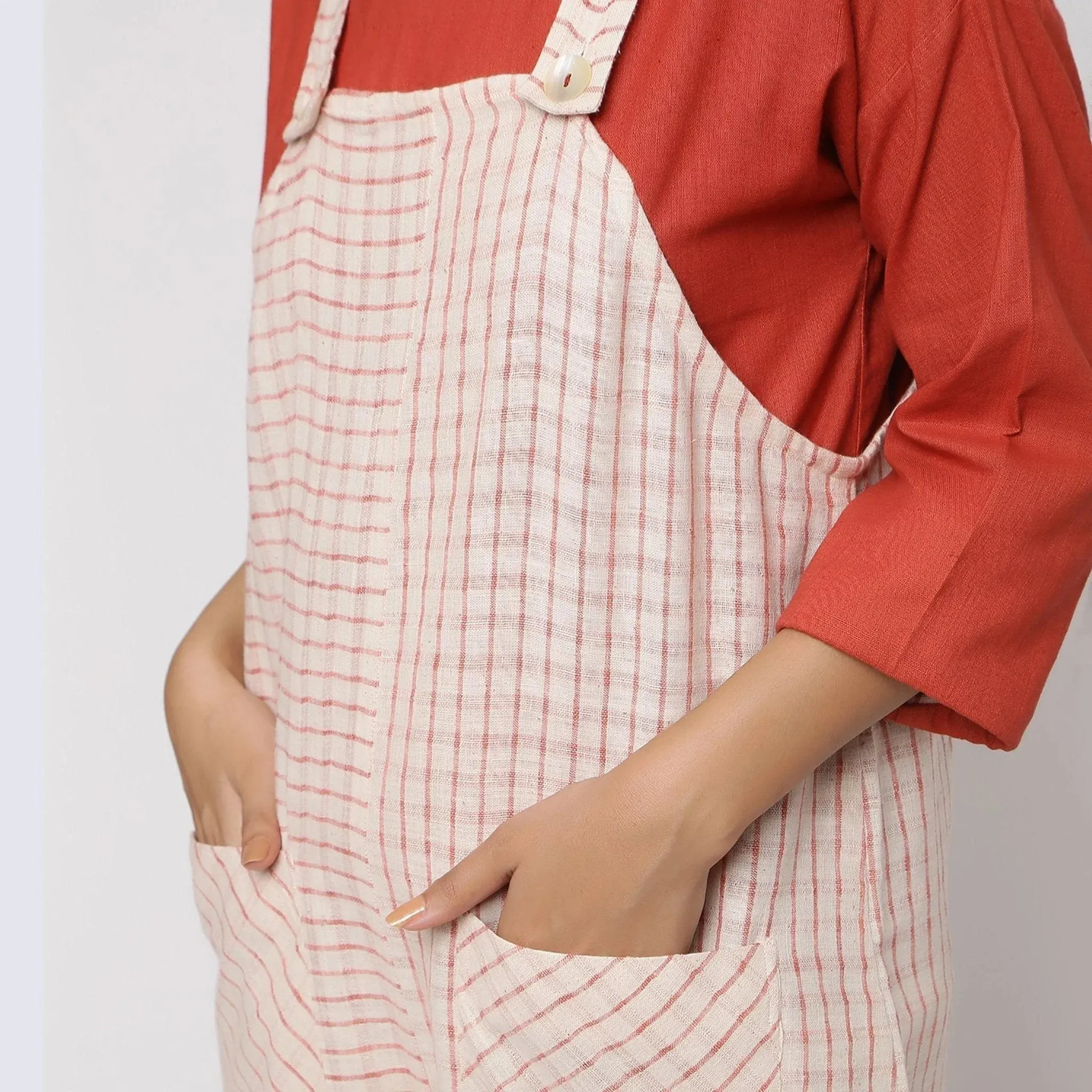 Ecru and Brick Red Striped Vegetable Dyed Cotton Pinafore Jumpsuit