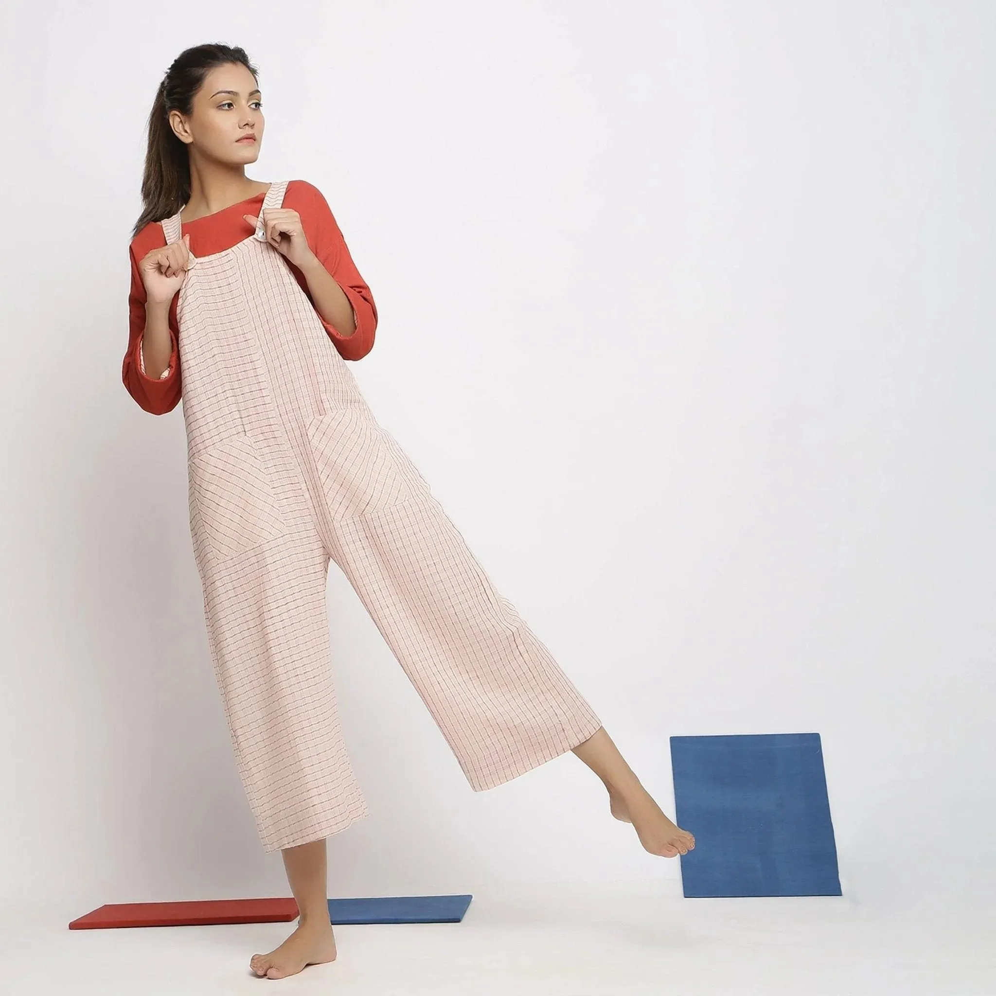 Ecru and Brick Red Striped Vegetable Dyed Cotton Pinafore Jumpsuit