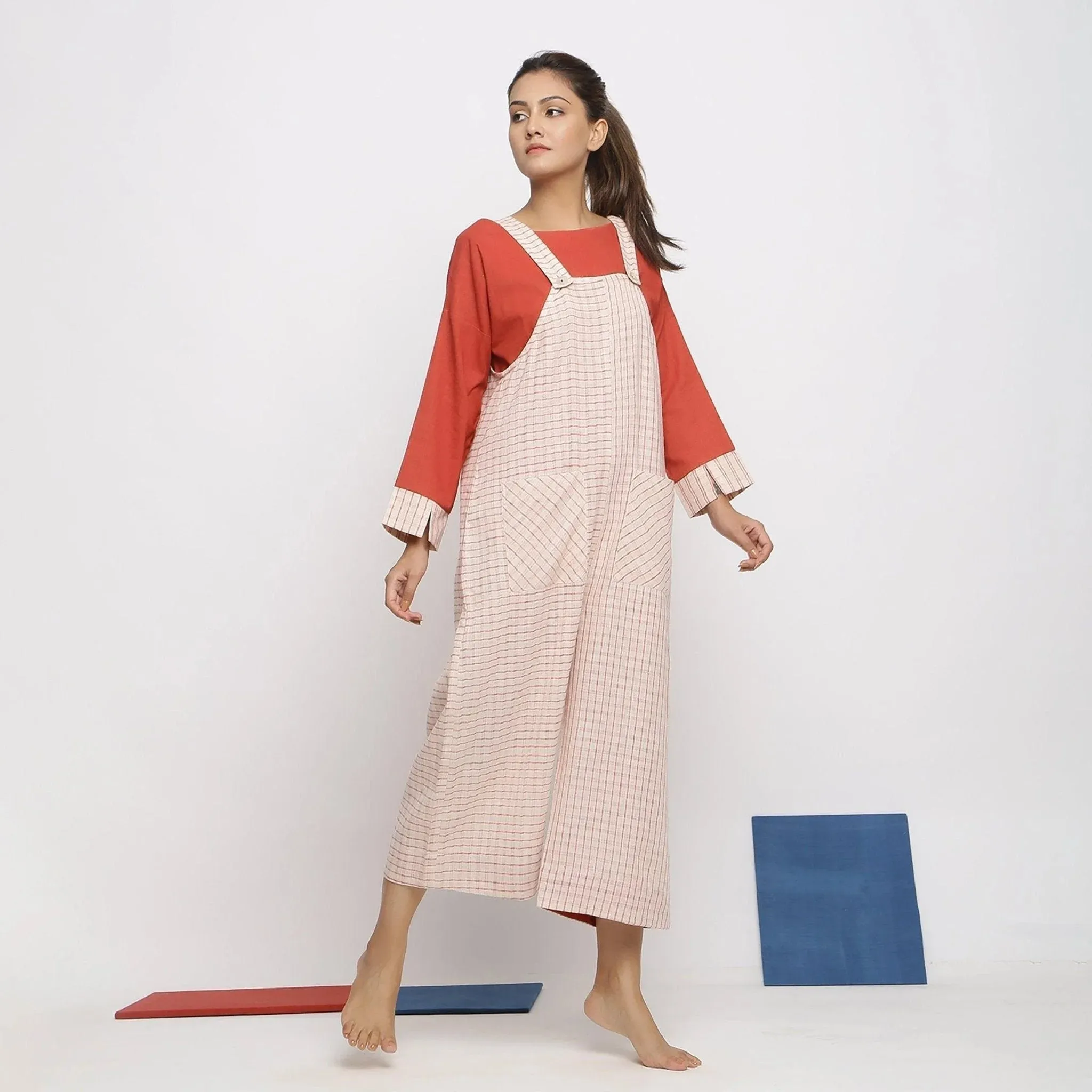 Ecru and Brick Red Striped Vegetable Dyed Cotton Pinafore Jumpsuit