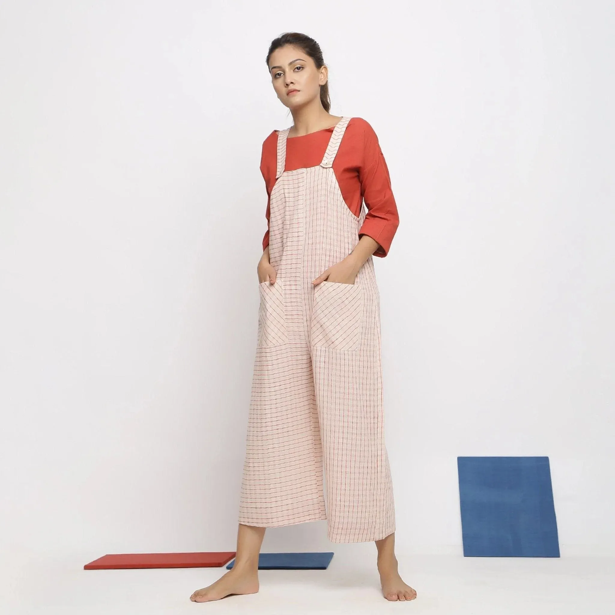 Ecru and Brick Red Striped Vegetable Dyed Cotton Pinafore Jumpsuit