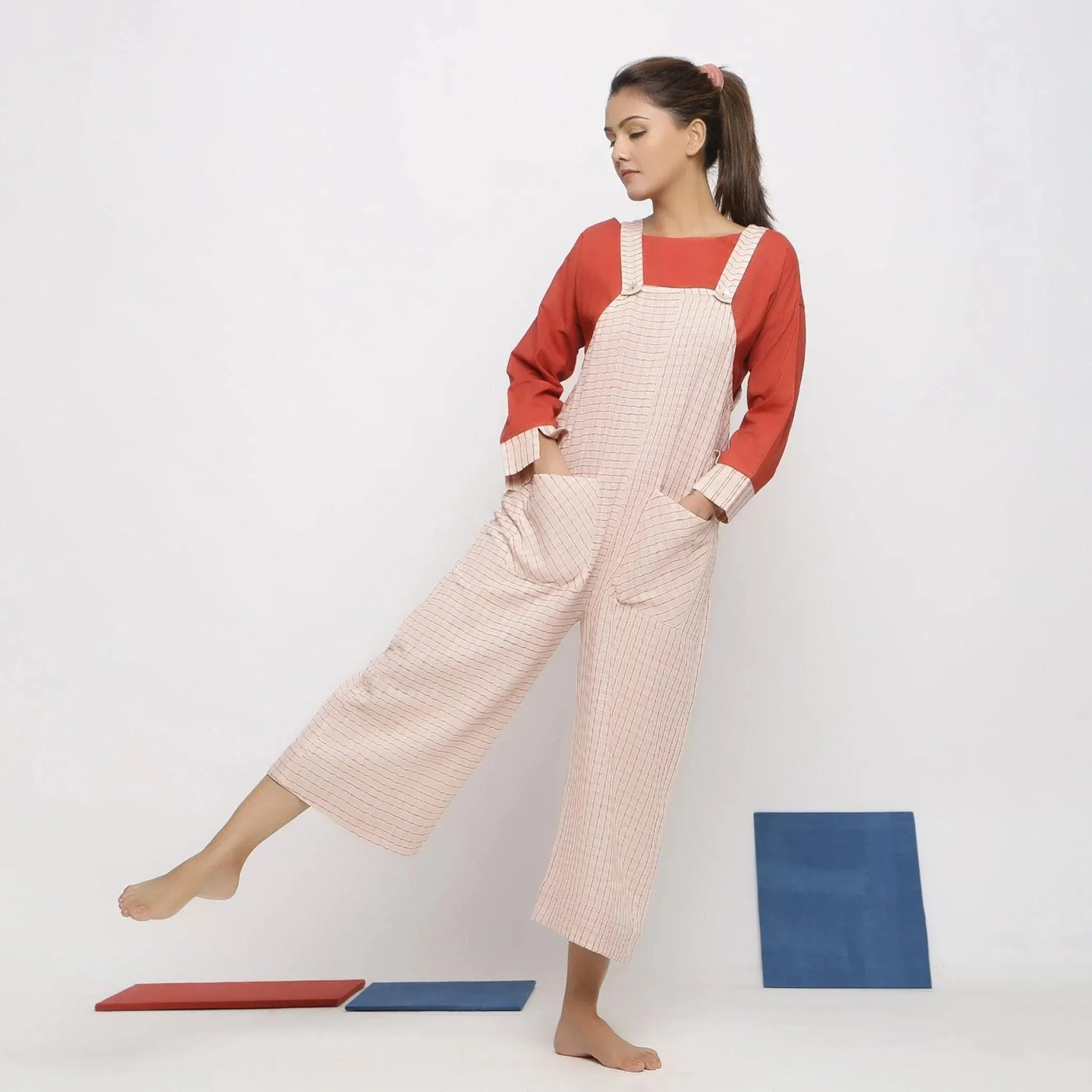 Ecru and Brick Red Striped Vegetable Dyed Cotton Pinafore Jumpsuit