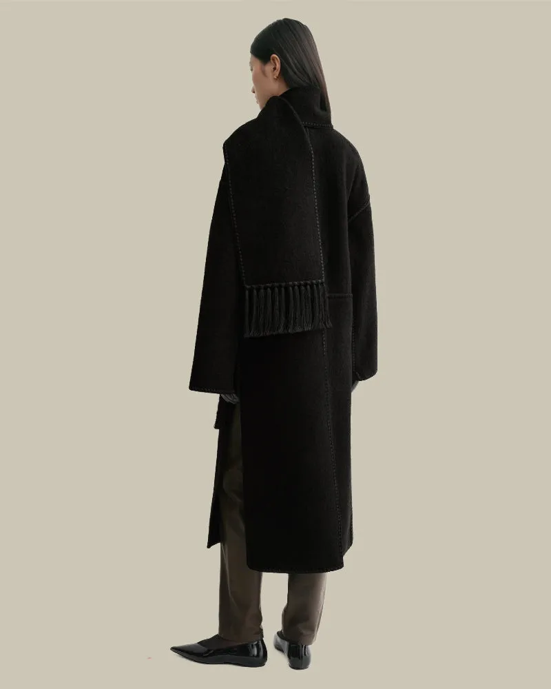 Embroidered Scarf Coat Black
