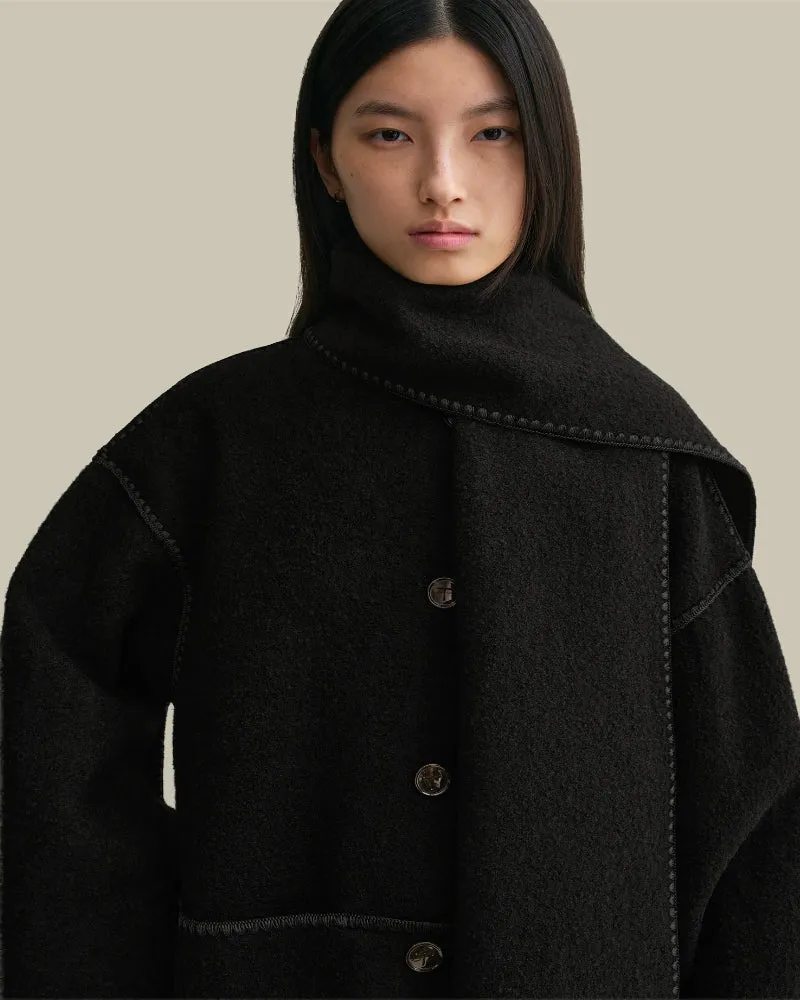 Embroidered Scarf Coat Black