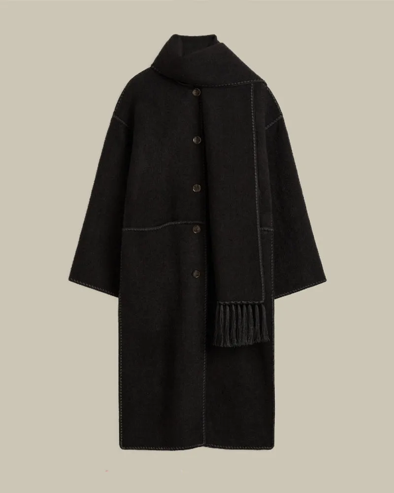 Embroidered Scarf Coat Black