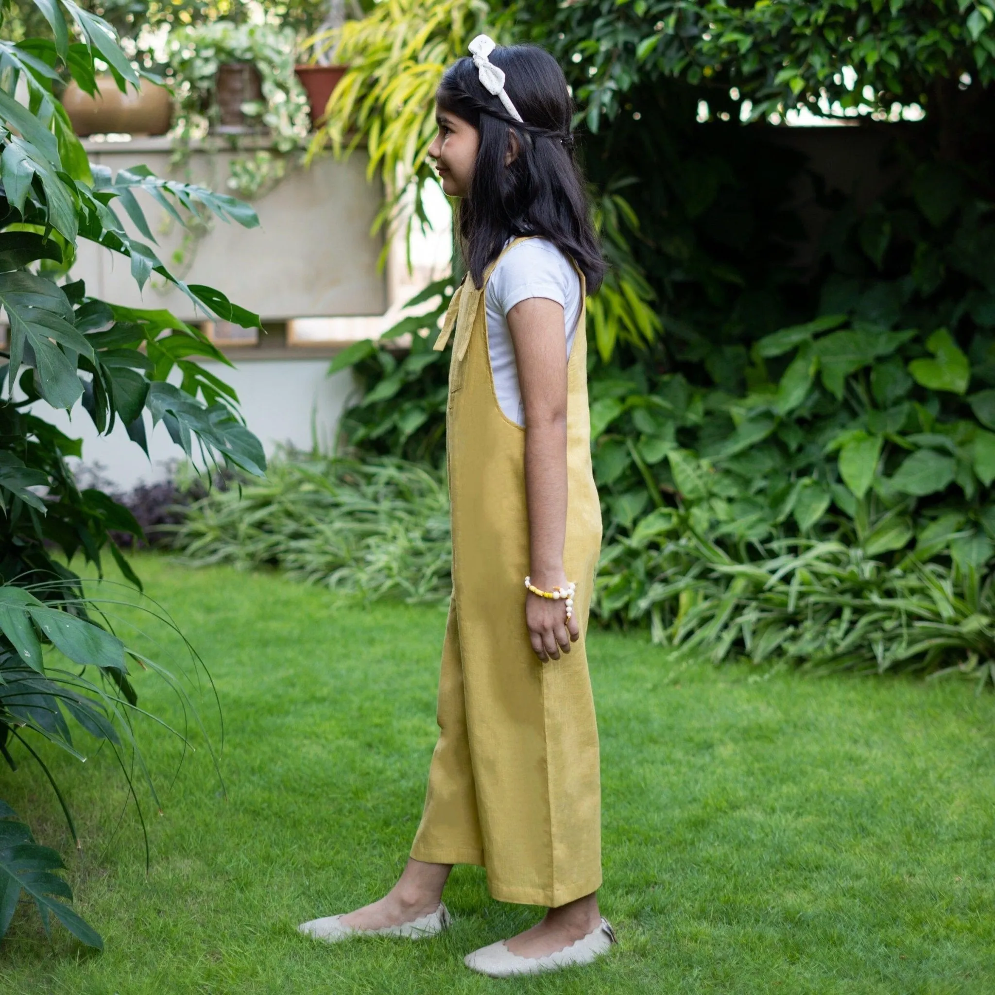 Girls - Light Yellow 100% Cotton Midi Dungaree Jumpsuit