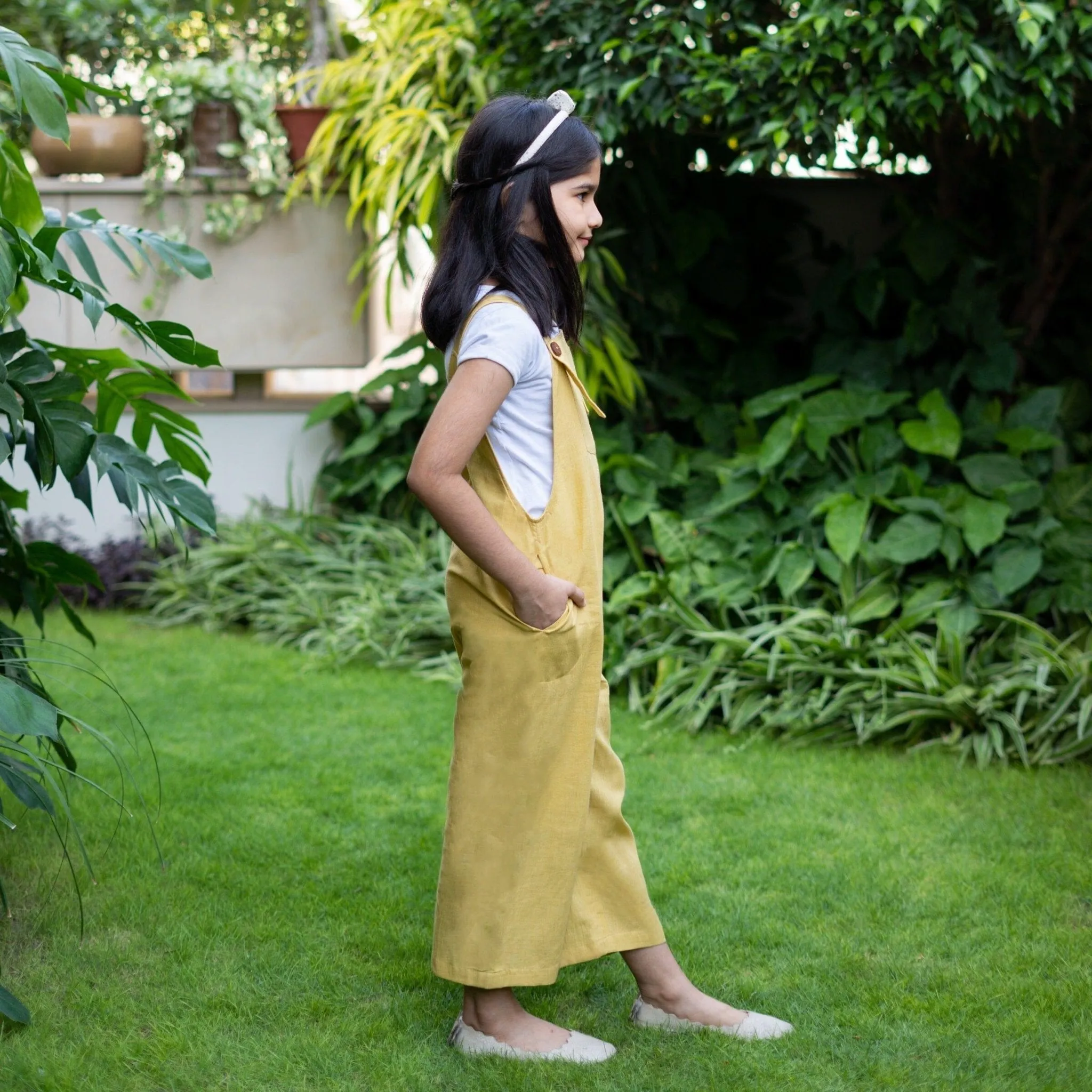 Girls - Light Yellow 100% Cotton Midi Dungaree Jumpsuit
