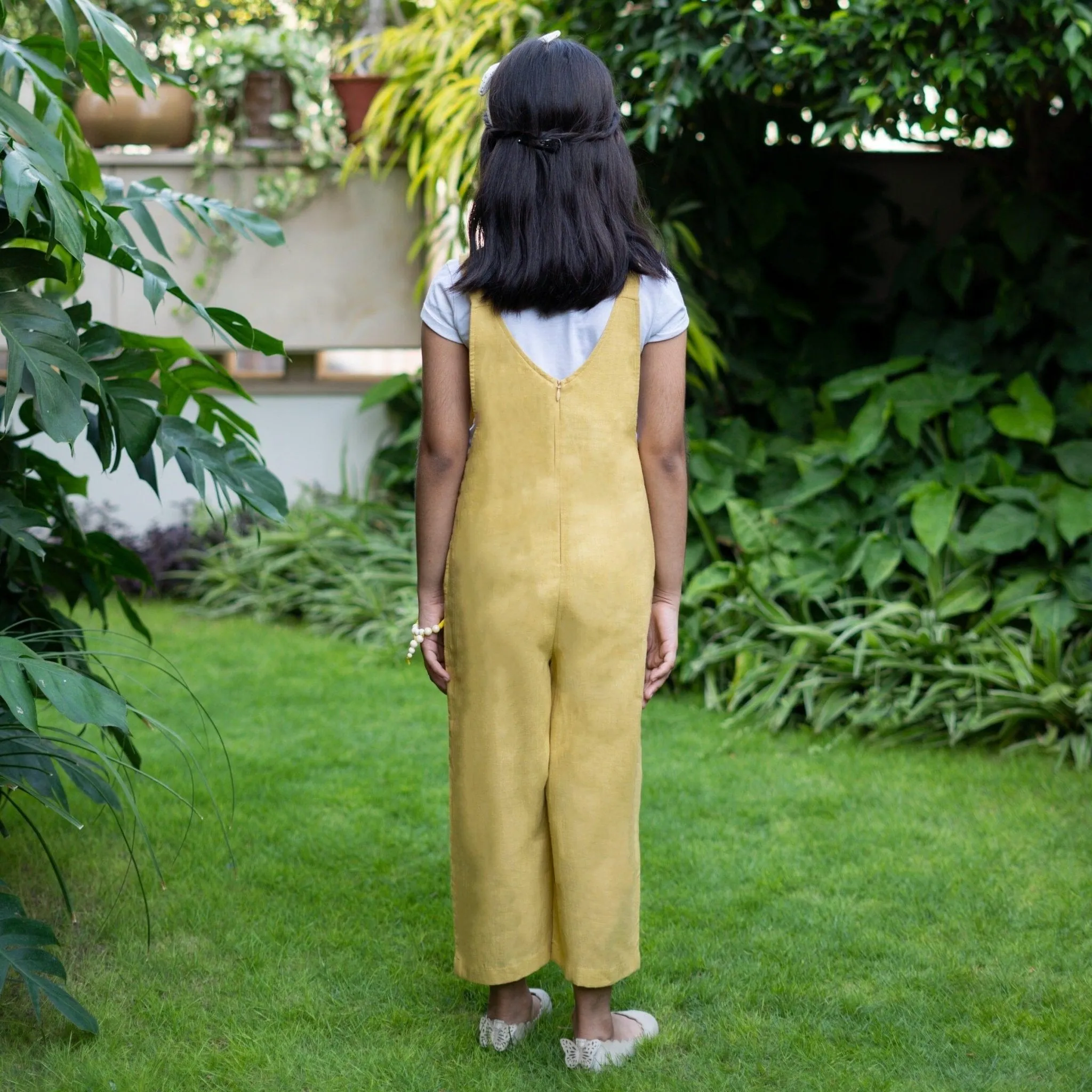 Girls - Light Yellow 100% Cotton Midi Dungaree Jumpsuit