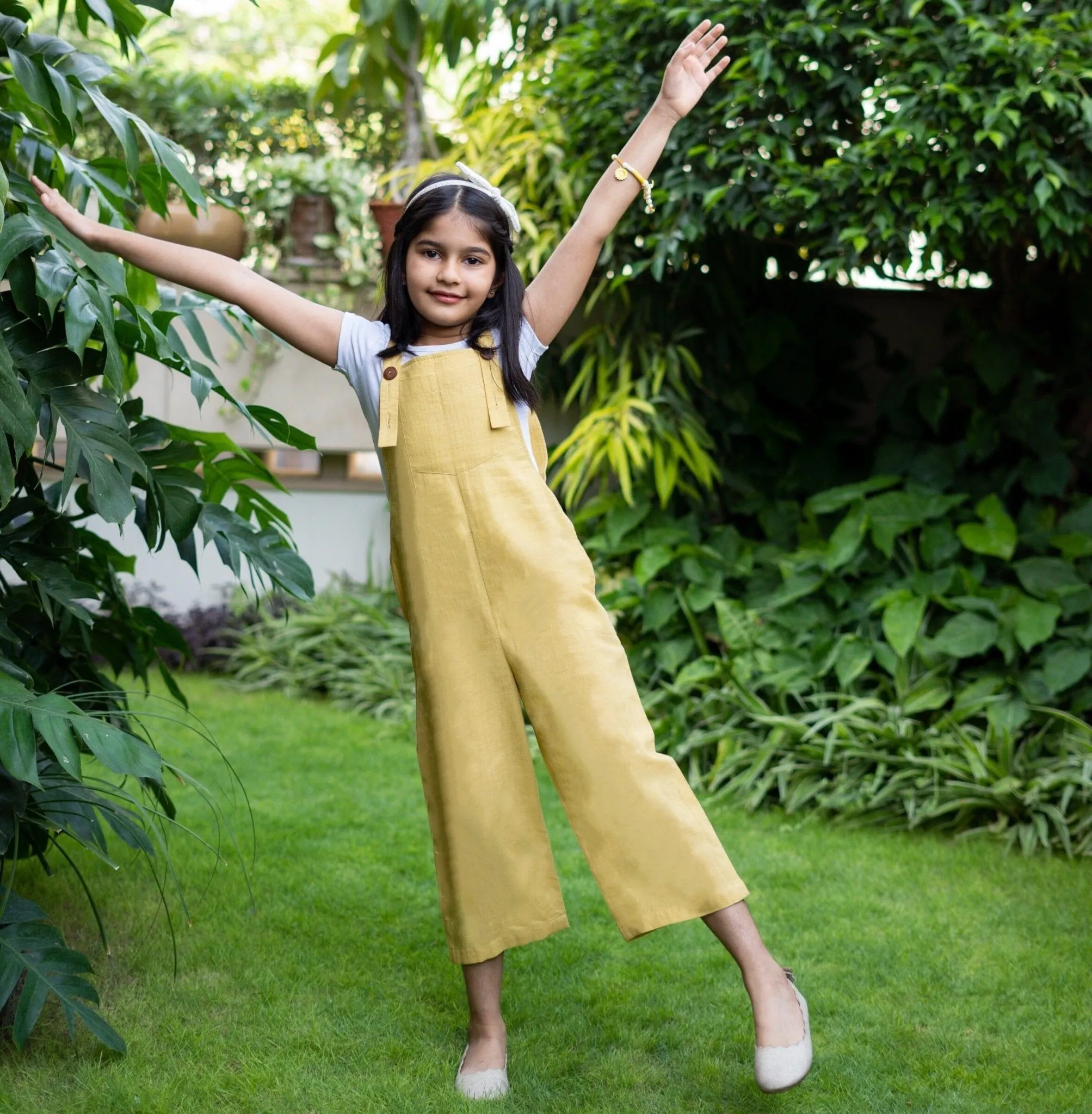 Girls - Light Yellow 100% Cotton Midi Dungaree Jumpsuit