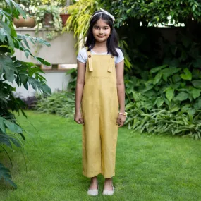 Girls - Light Yellow 100% Cotton Midi Dungaree Jumpsuit