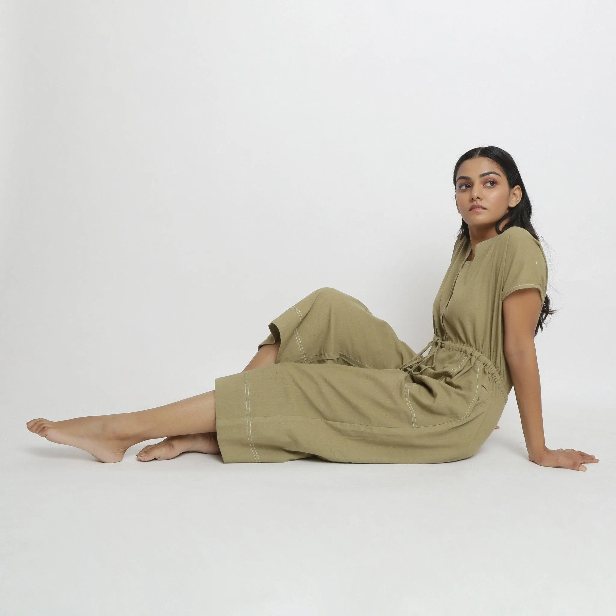 Khakhi Green 100% Cotton Button-Down Jumpsuit