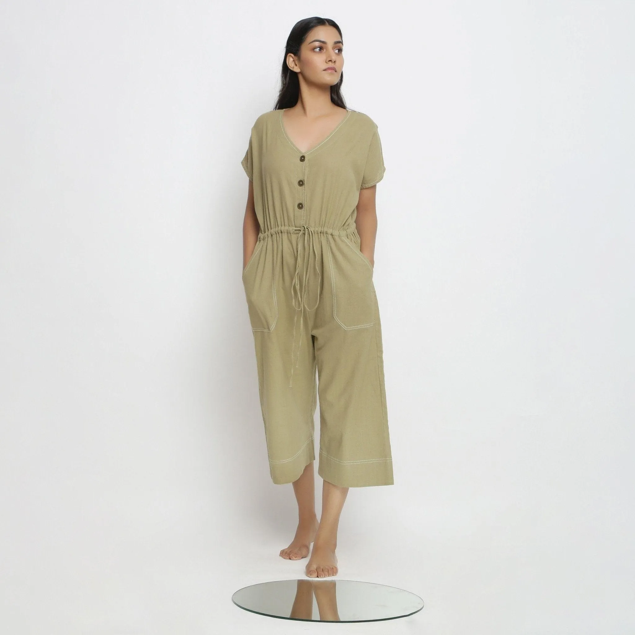 Khakhi Green 100% Cotton Button-Down Jumpsuit
