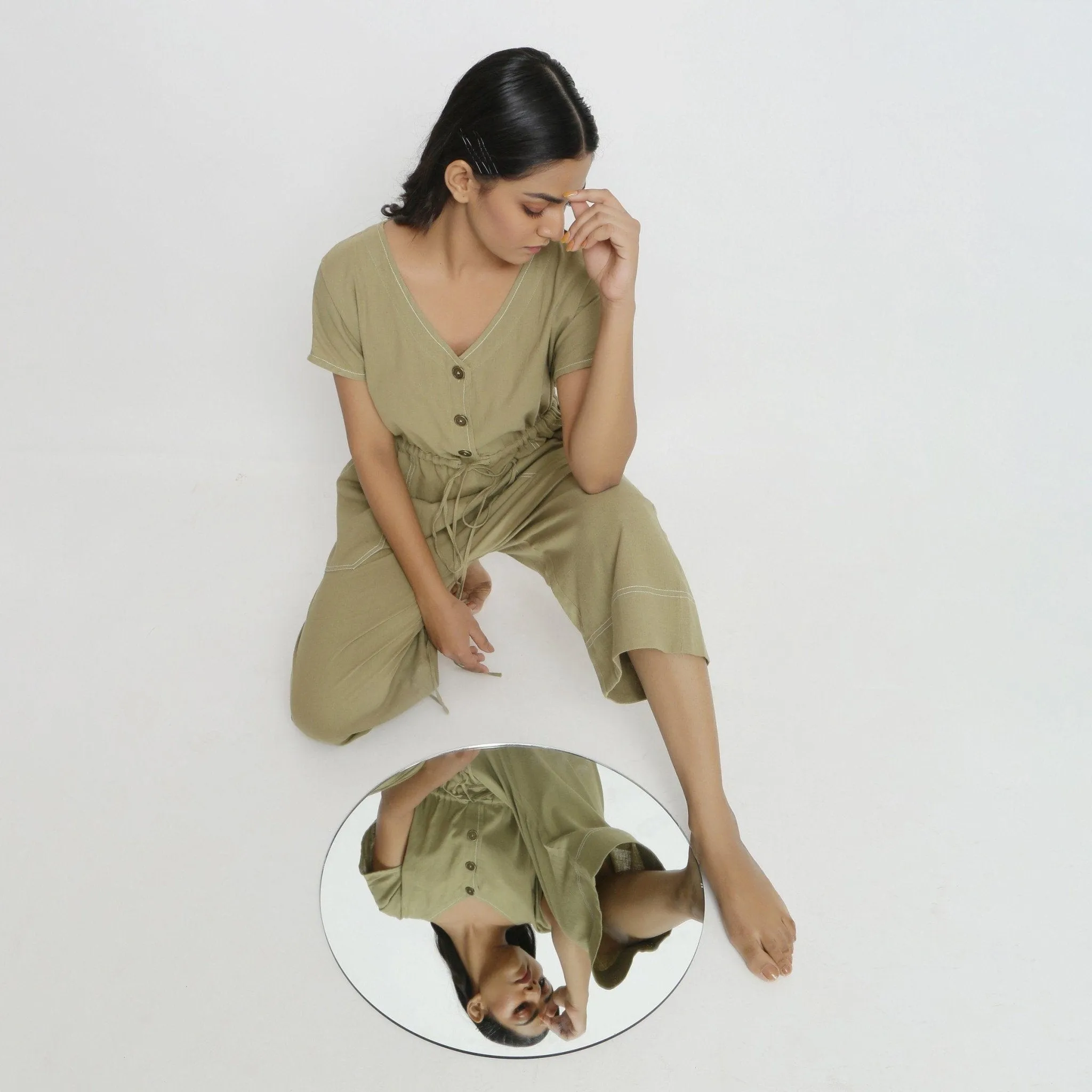 Khakhi Green 100% Cotton Button-Down Jumpsuit