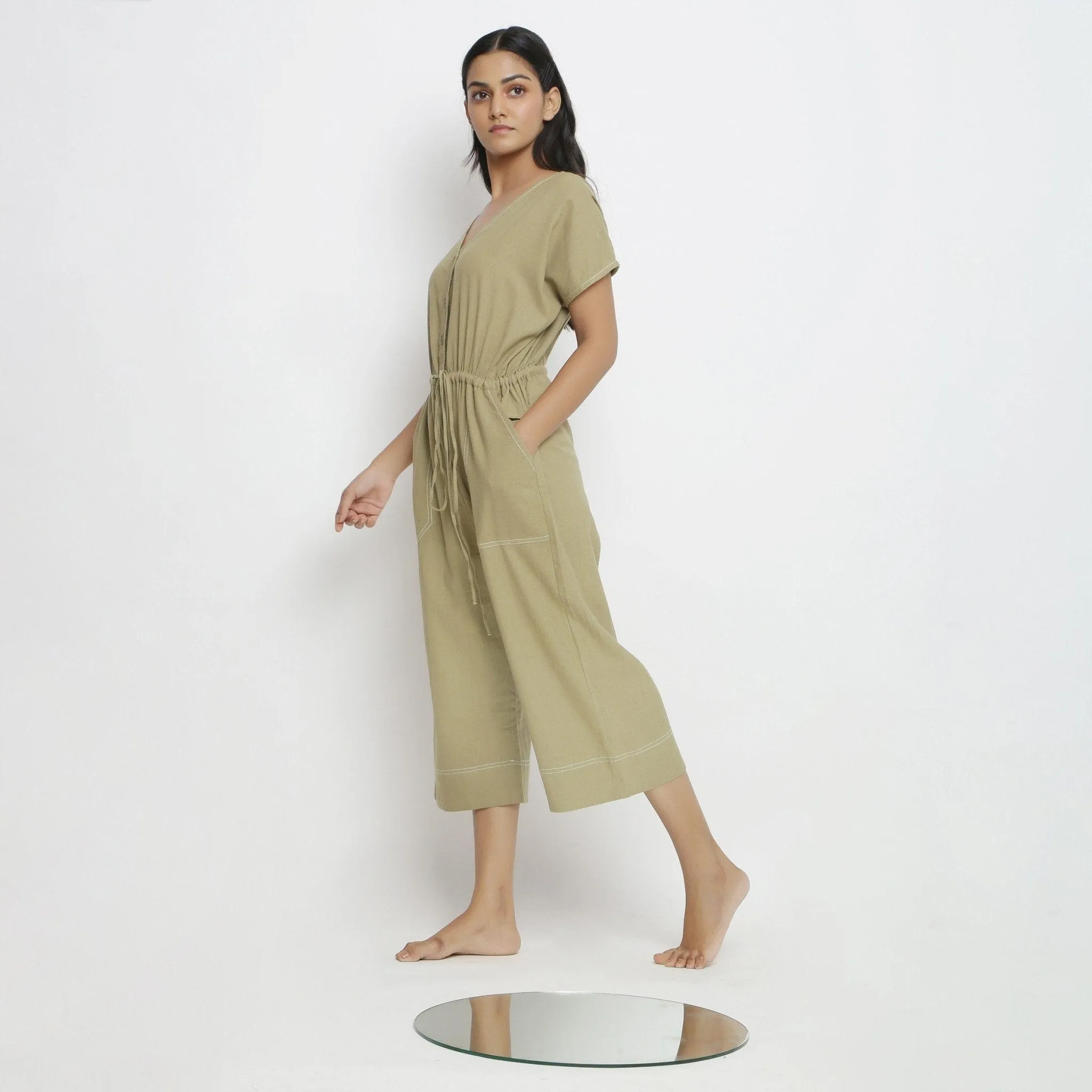 Khakhi Green 100% Cotton Button-Down Jumpsuit