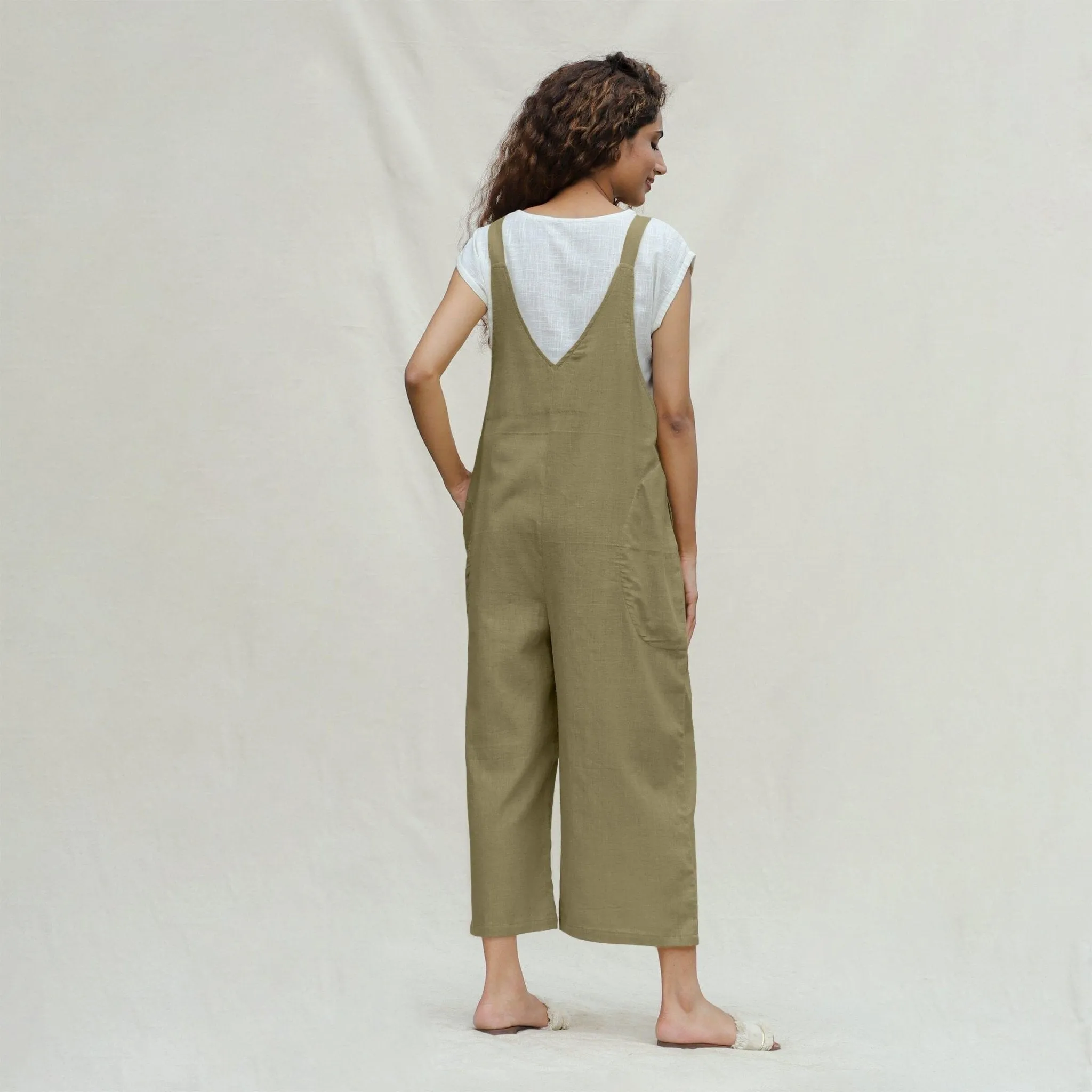 Khakhi Green 100% Cotton Midi Dungaree Jumpsuit