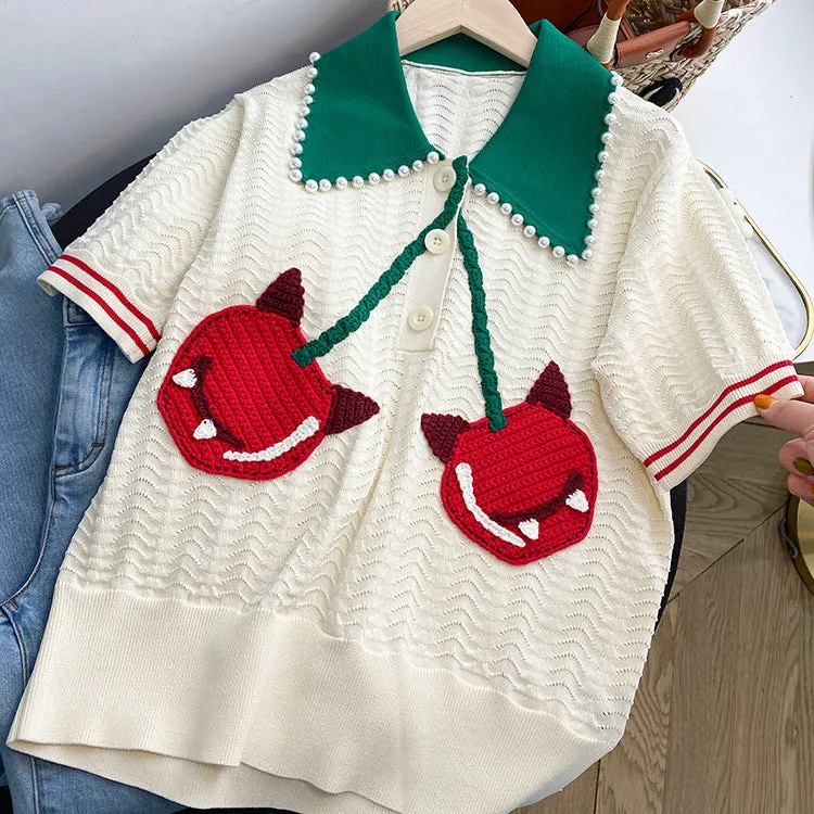 kPop movie star French design knitwear for summer retro style knited cardigan outfit cherries deco