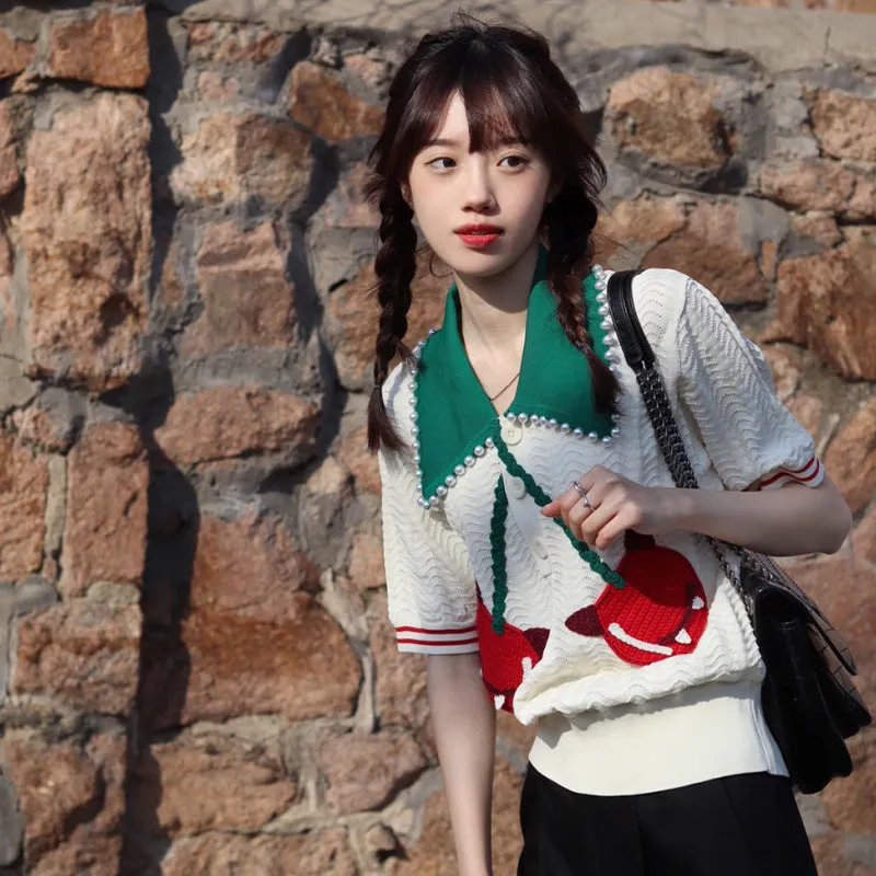 kPop movie star French design knitwear for summer retro style knited cardigan outfit cherries deco