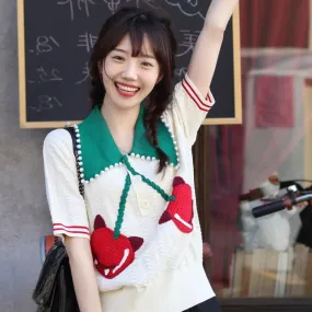 kPop movie star French design knitwear for summer retro style knited cardigan outfit cherries deco
