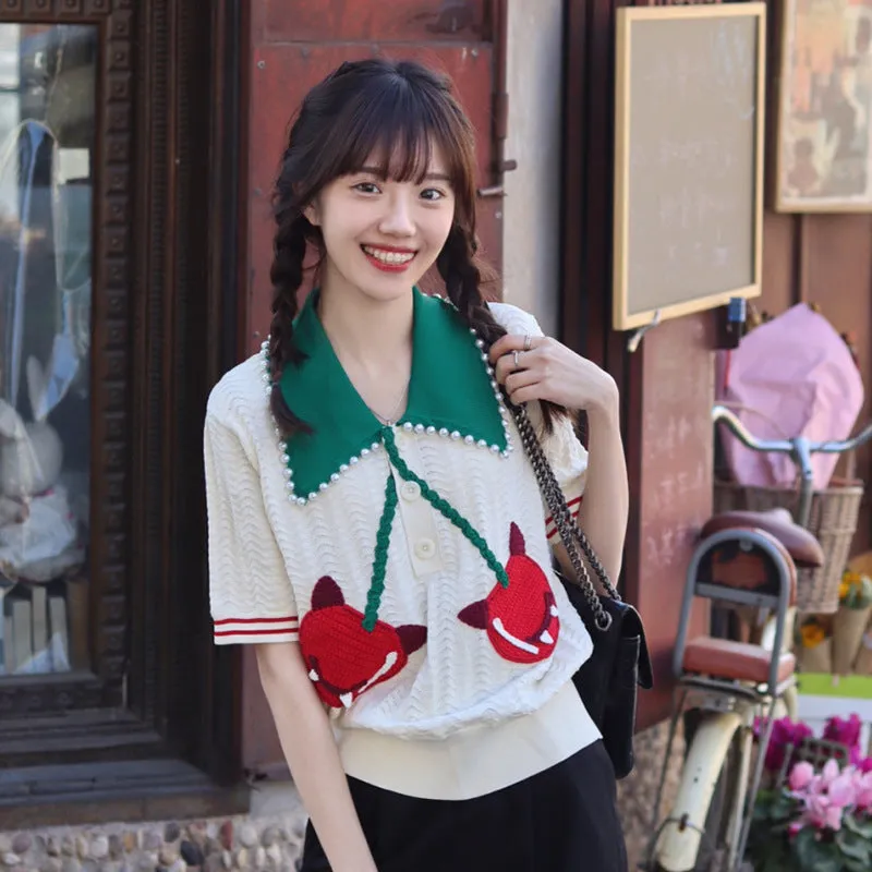 kPop movie star French design knitwear for summer retro style knited cardigan outfit cherries deco