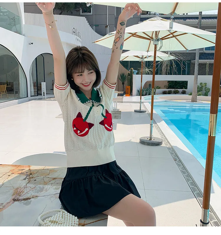 kPop movie star French design knitwear for summer retro style knited cardigan outfit cherries deco