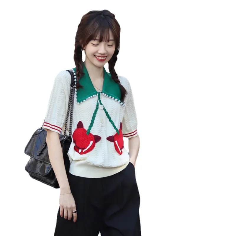kPop movie star French design knitwear for summer retro style knited cardigan outfit cherries deco