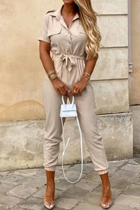 Lapel Button Waist Tie Short Sleeve Jumpsuit