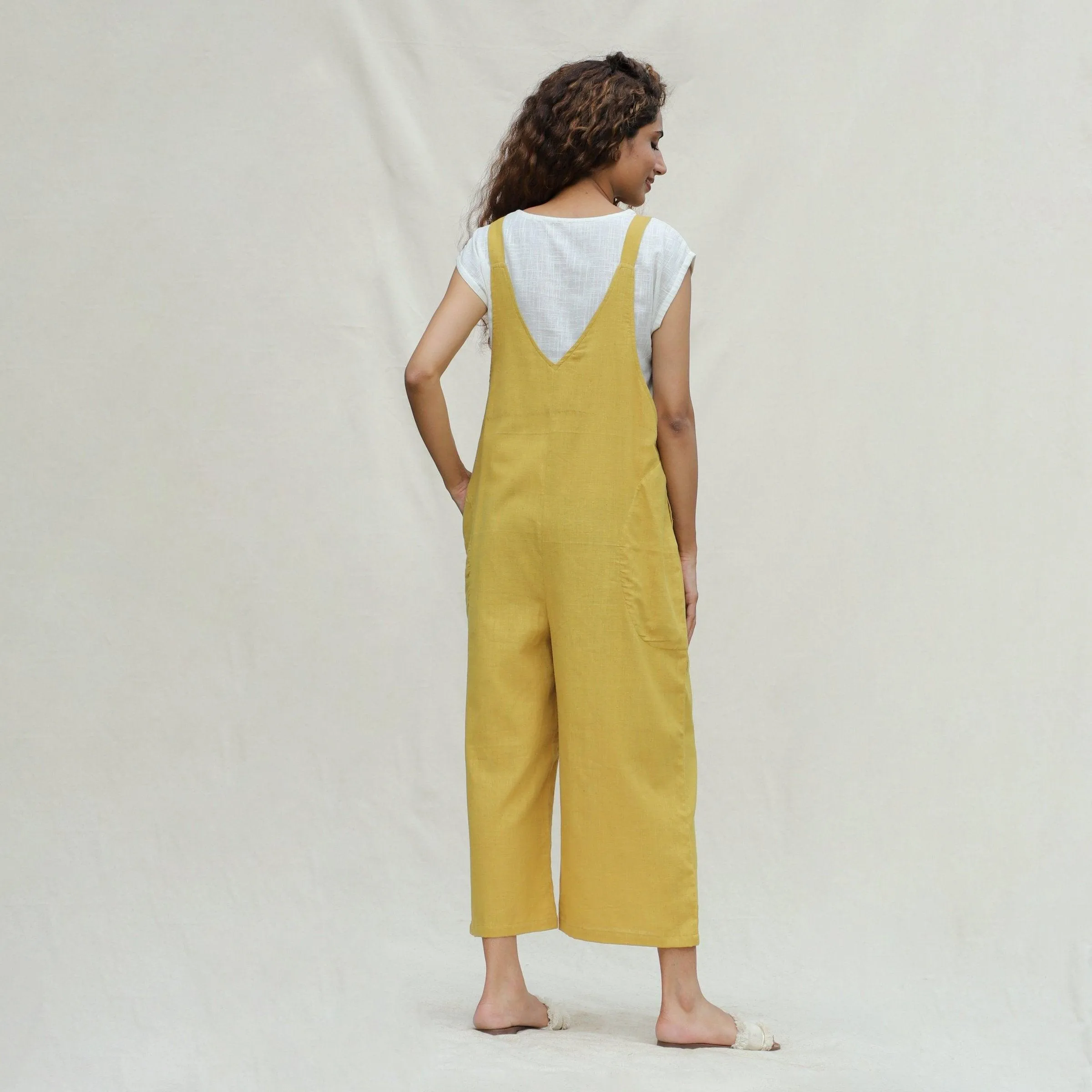 Light Yellow 100% Cotton Midi Dungaree Jumpsuit