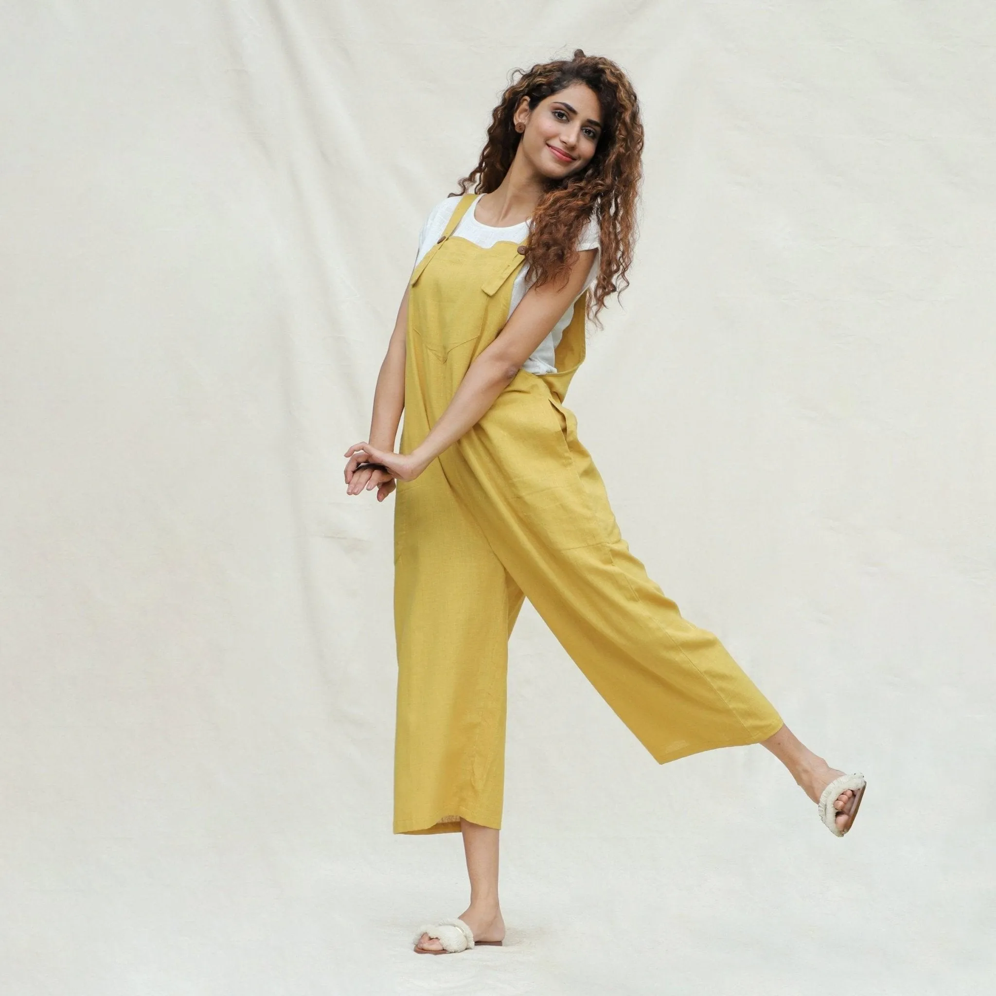 Light Yellow 100% Cotton Midi Dungaree Jumpsuit